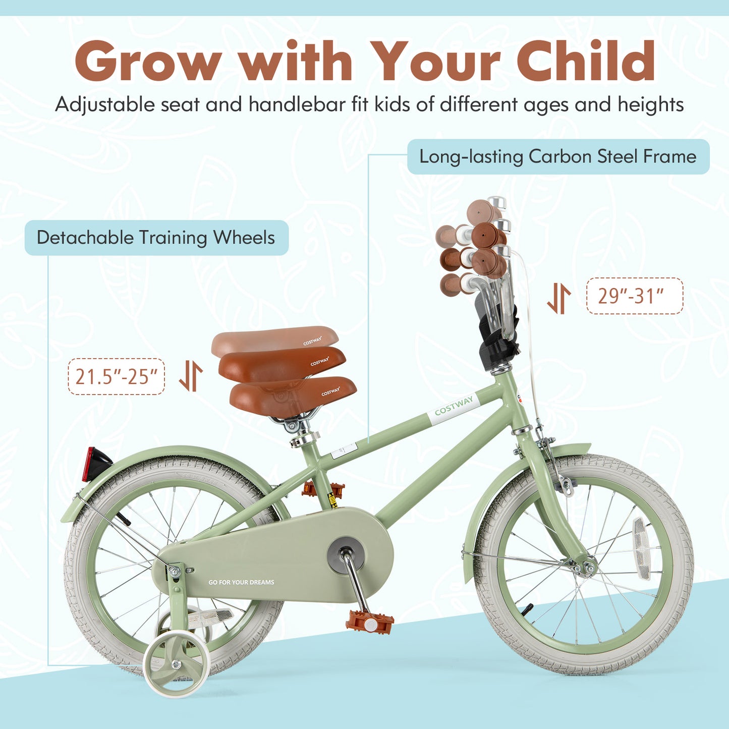 Kids Bike with Adjustable Handlebar and Saddle Green-16 Inches Kids Crystal