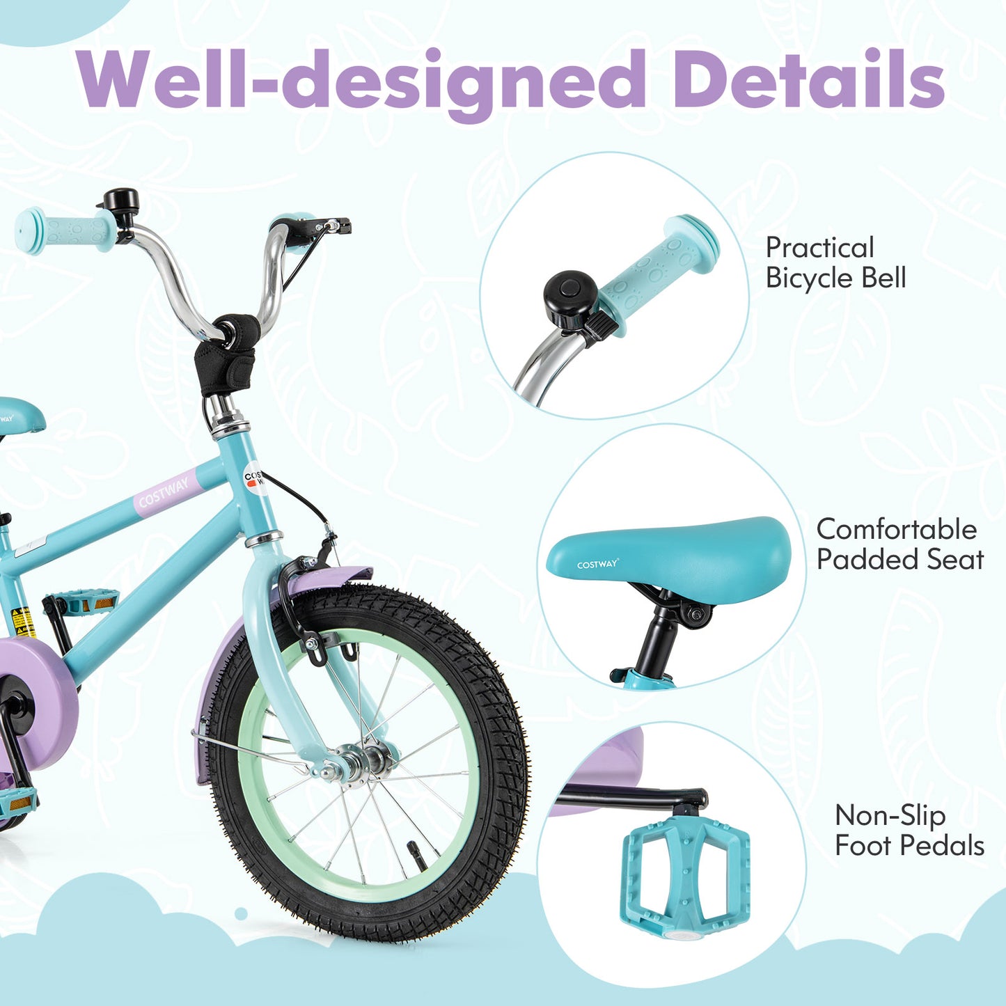 Kids Bike with Adjustable Handlebar and Saddle Purple-14 Inches Kids Crystal