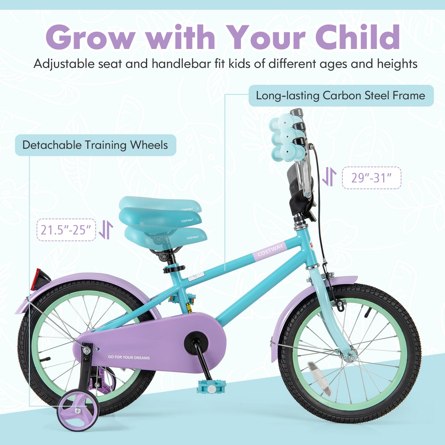 Kids Bike with Adjustable Handlebar and Saddle Purple-16 Inches Kids Crystal