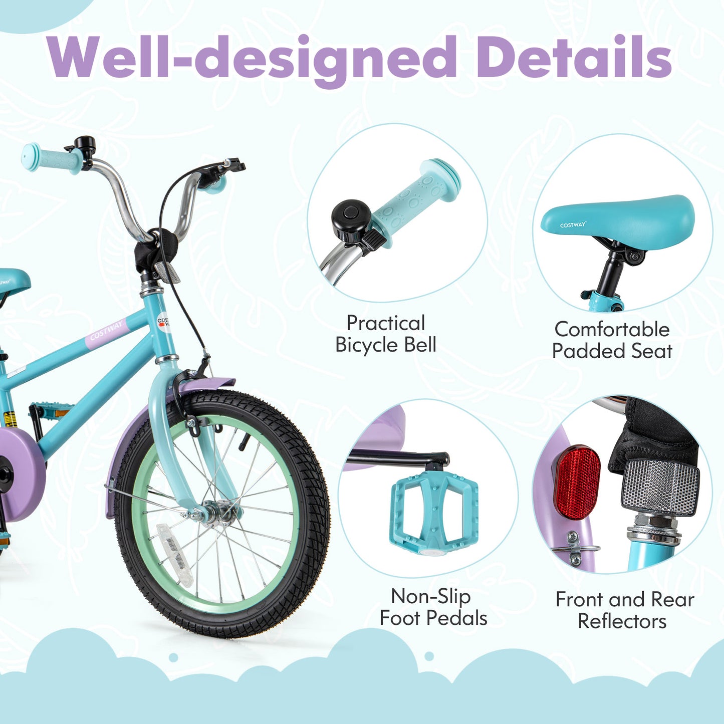 Kids Bike with Adjustable Handlebar and Saddle Purple-16 Inches Kids Crystal