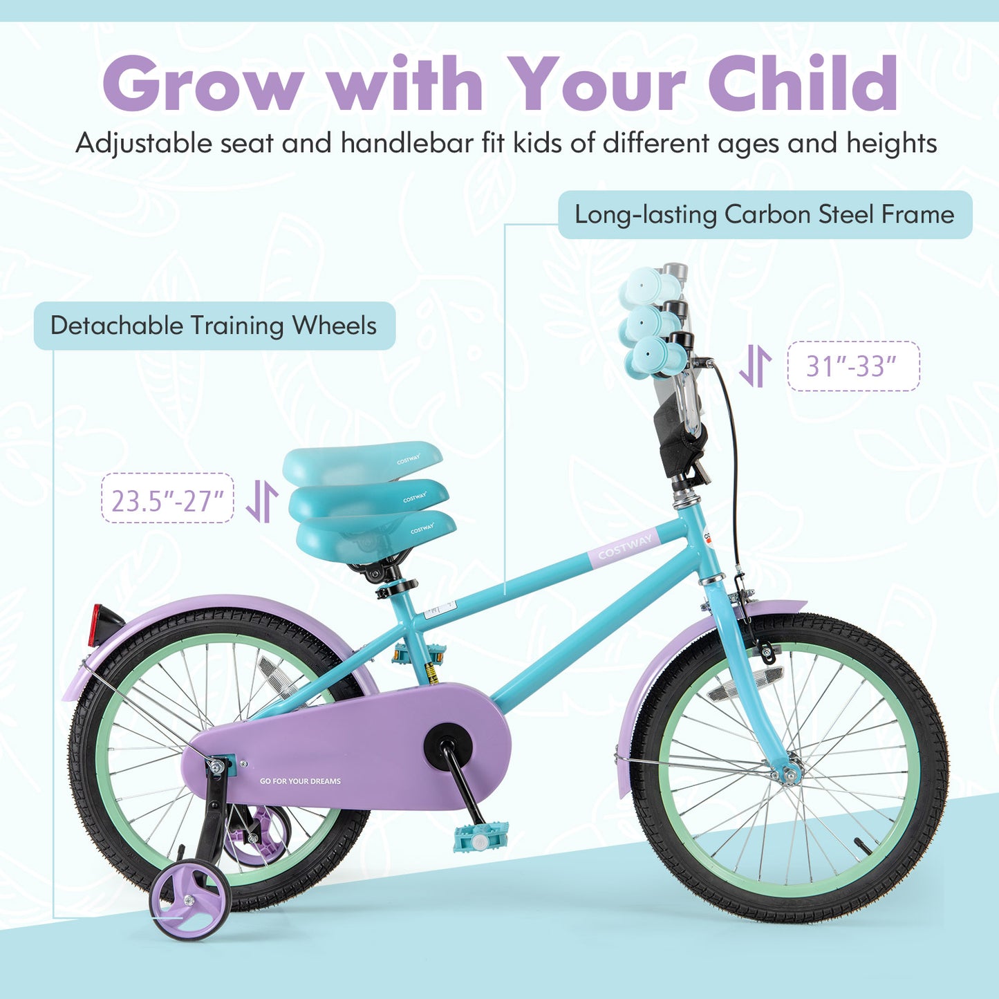 Kids Bike with Adjustable Handlebar and Saddle Purple-18 Inches Kids Crystal