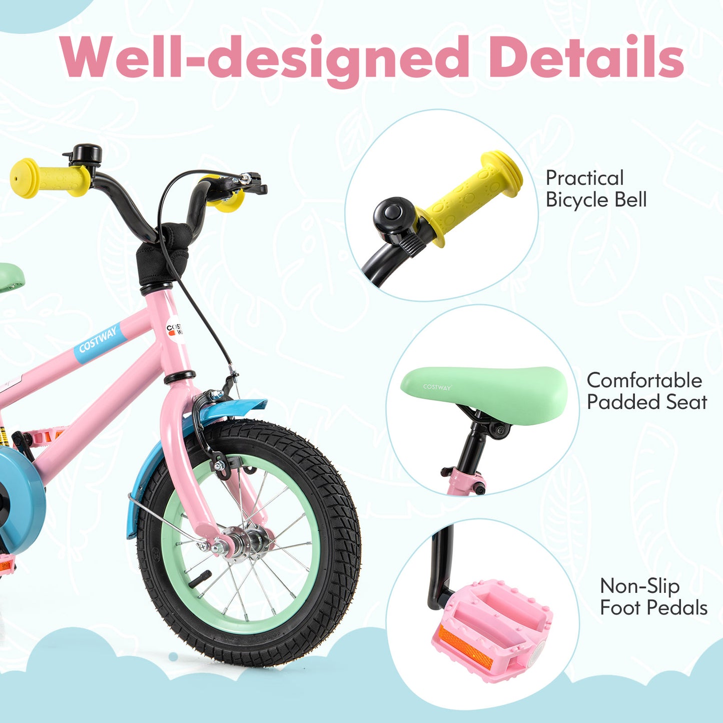 Kids Bike with Adjustable Handlebar and Saddle Pink-12 Inches Kids Crystal