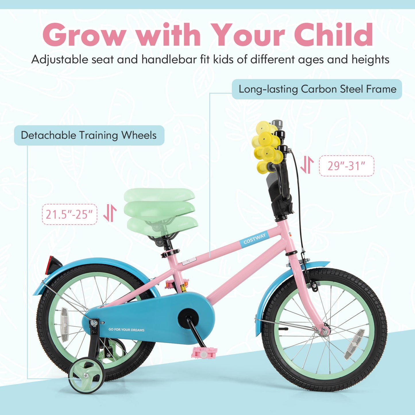 Kids Bike with Adjustable Handlebar and Saddle Pink-16 Inches Kids Crystal
