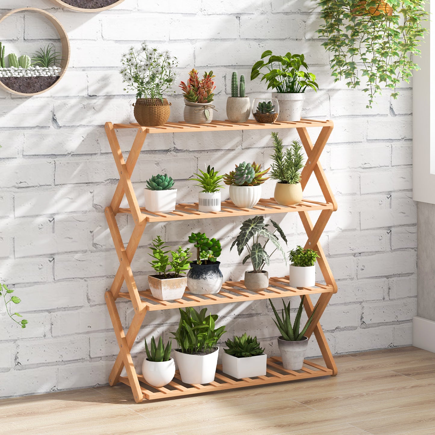 4-Tier Foldable Bamboo Shoe Rack with Slatted Shelves-Natural Kids Crystal