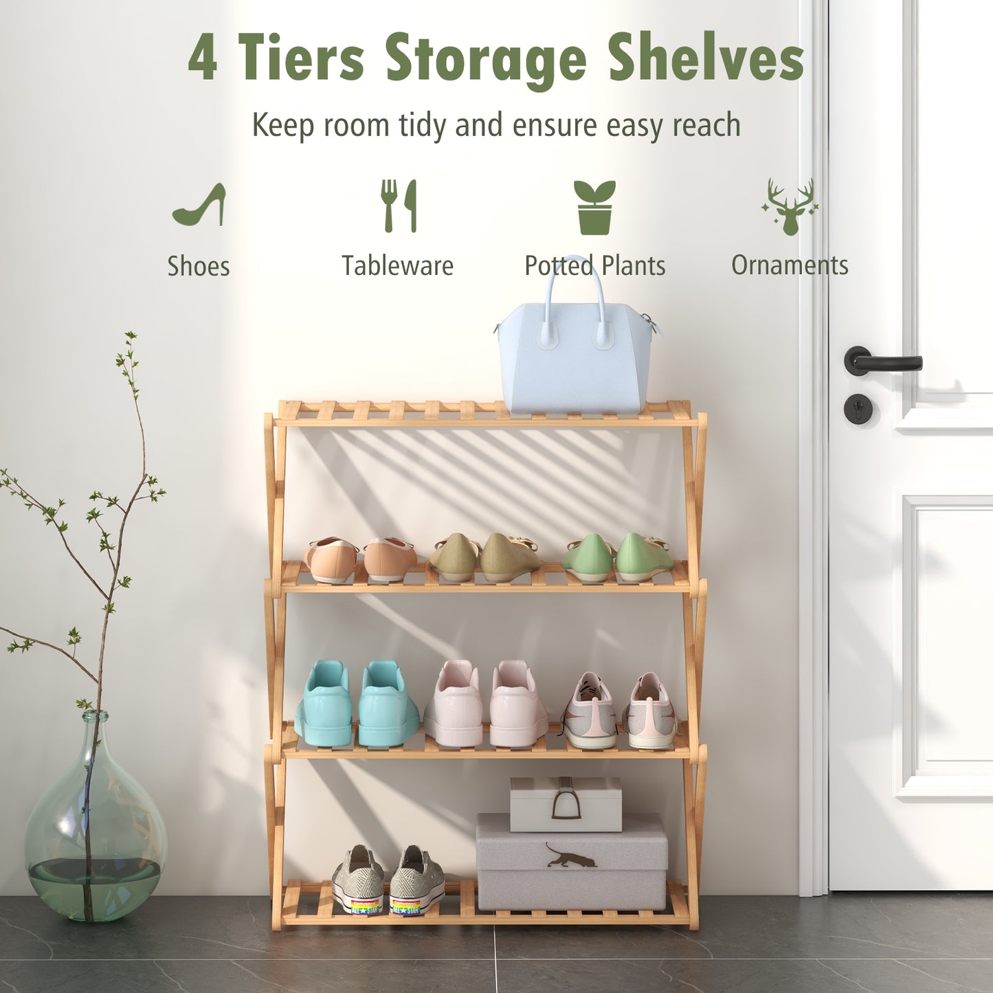 4-Tier Foldable Bamboo Shoe Rack with Slatted Shelves-Natural Kids Crystal