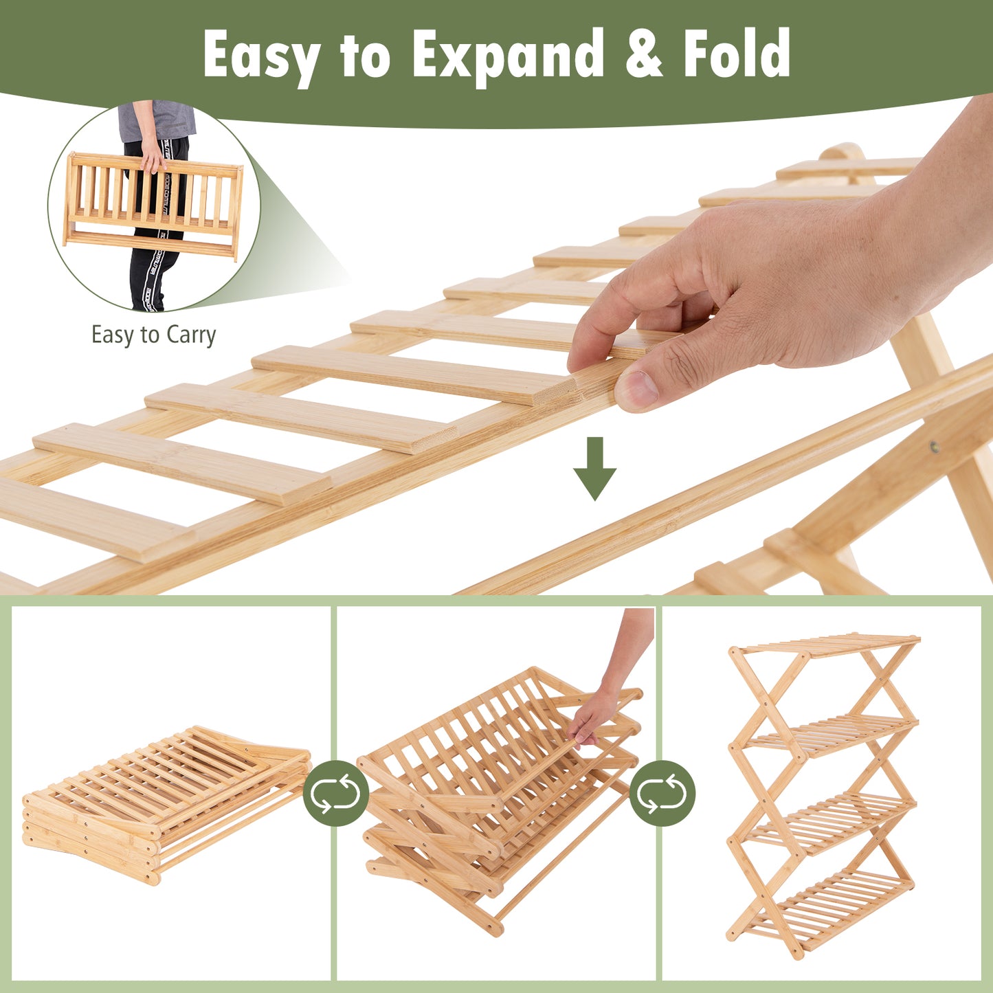 4-Tier Foldable Bamboo Shoe Rack with Slatted Shelves-Natural Kids Crystal
