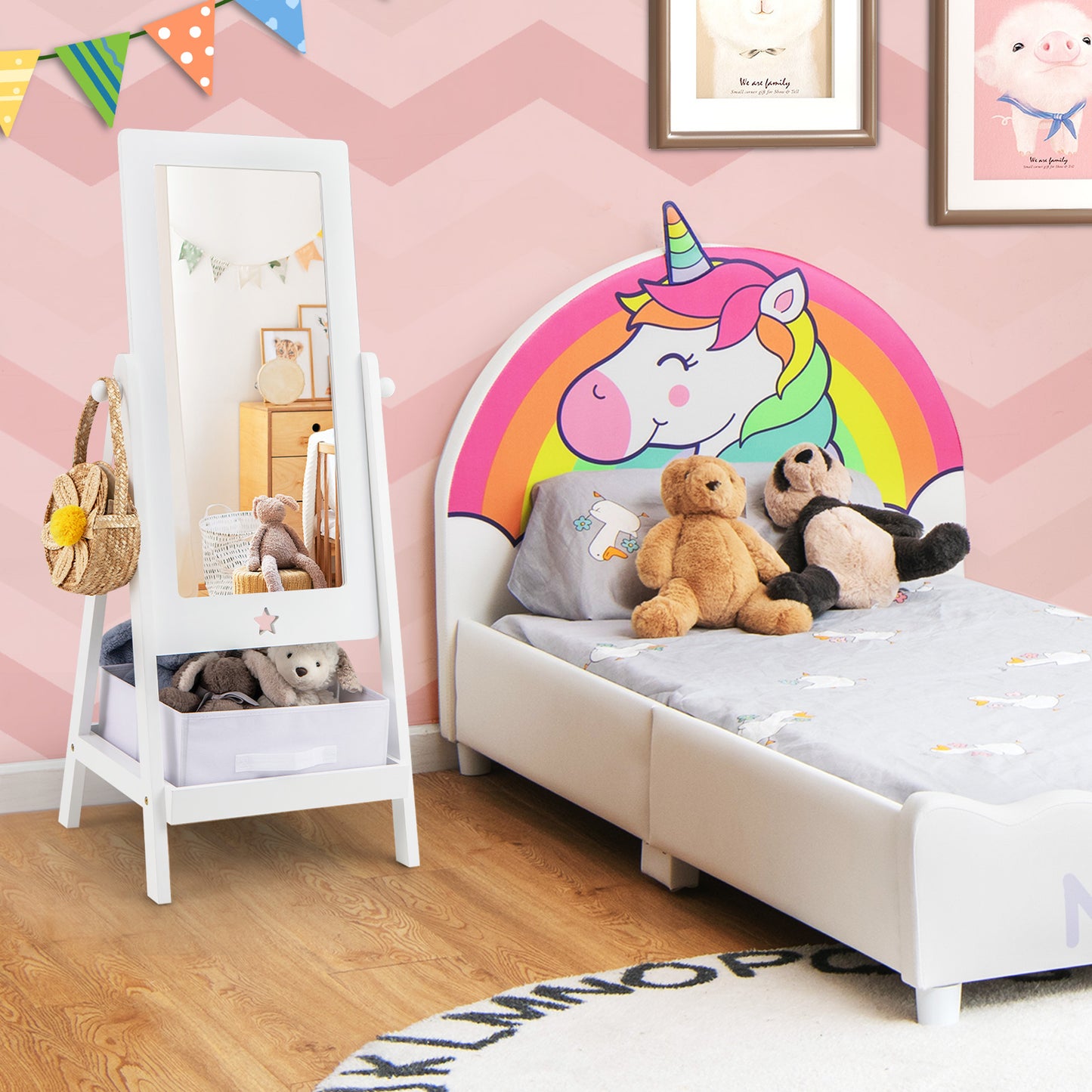 Kids Full Length Mirror 360 Degree Rotatable Dressing Mirror with Storage Bin-White Kids Crystal