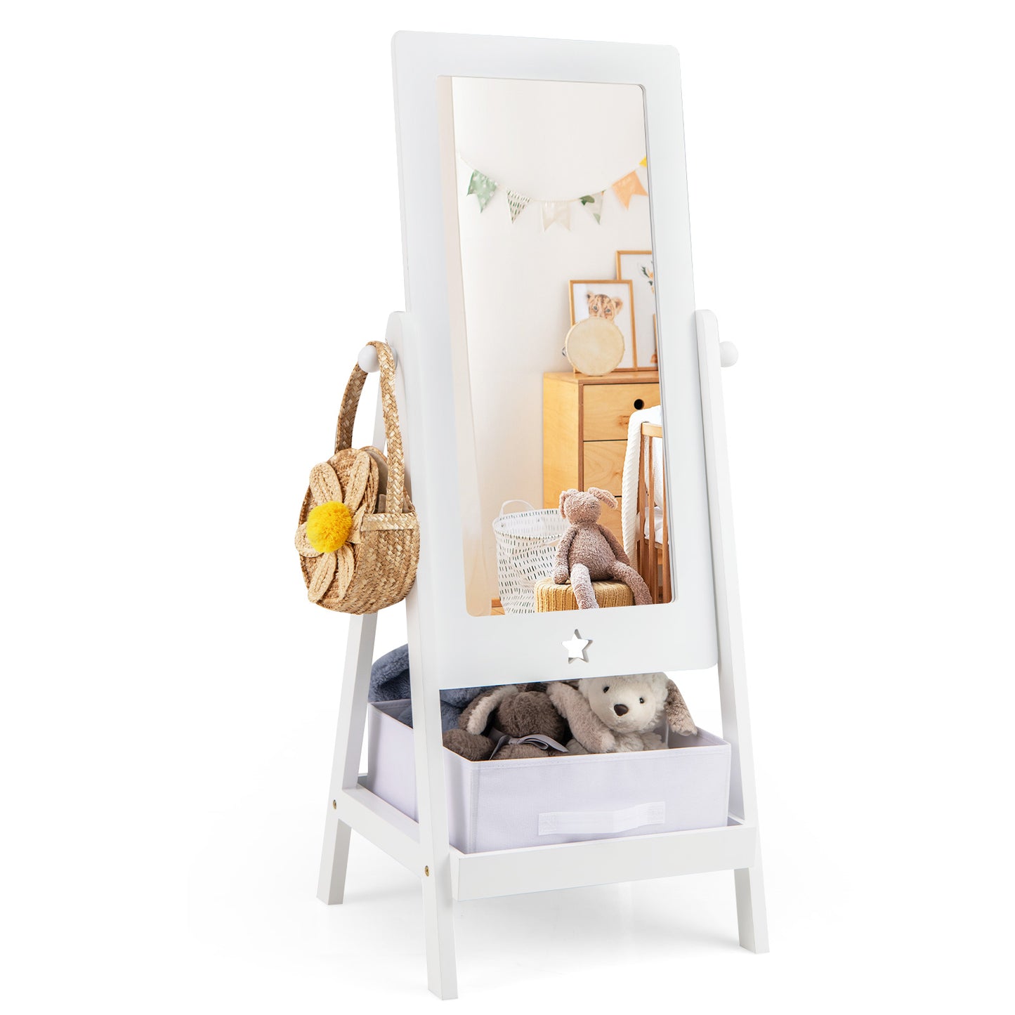 Kids Full Length Mirror 360 Degree Rotatable Dressing Mirror with Storage Bin-White Kids Crystal