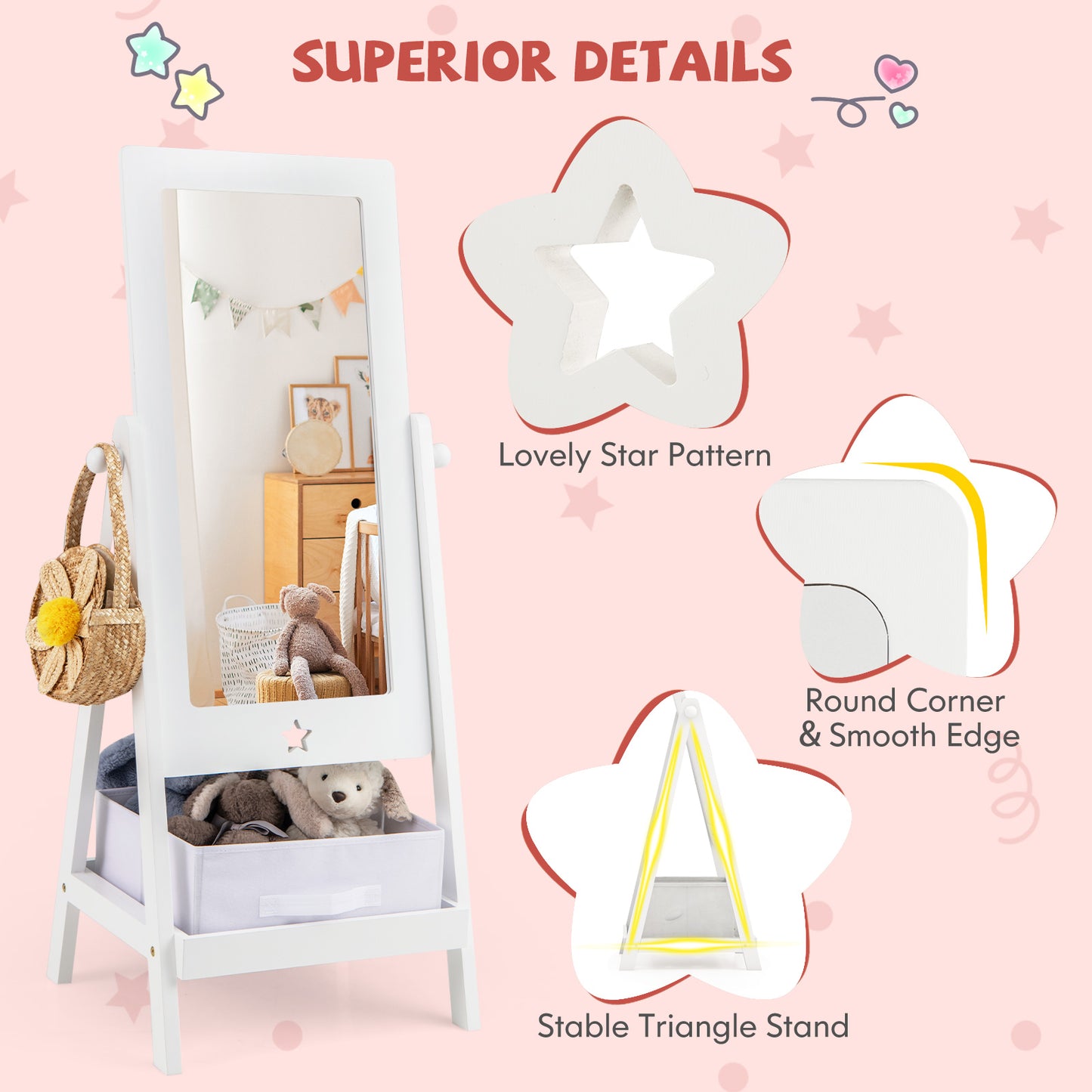 Kids Full Length Mirror 360 Degree Rotatable Dressing Mirror with Storage Bin-White Kids Crystal