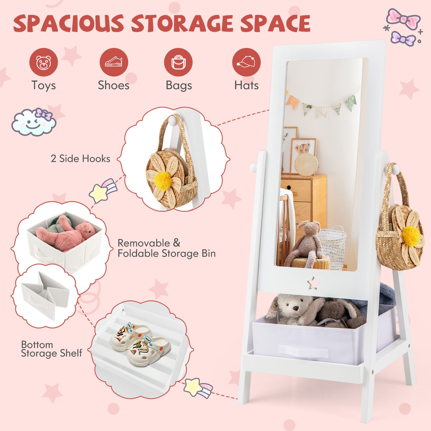 Kids Full Length Mirror 360 Degree Rotatable Dressing Mirror with Storage Bin-White Kids Crystal