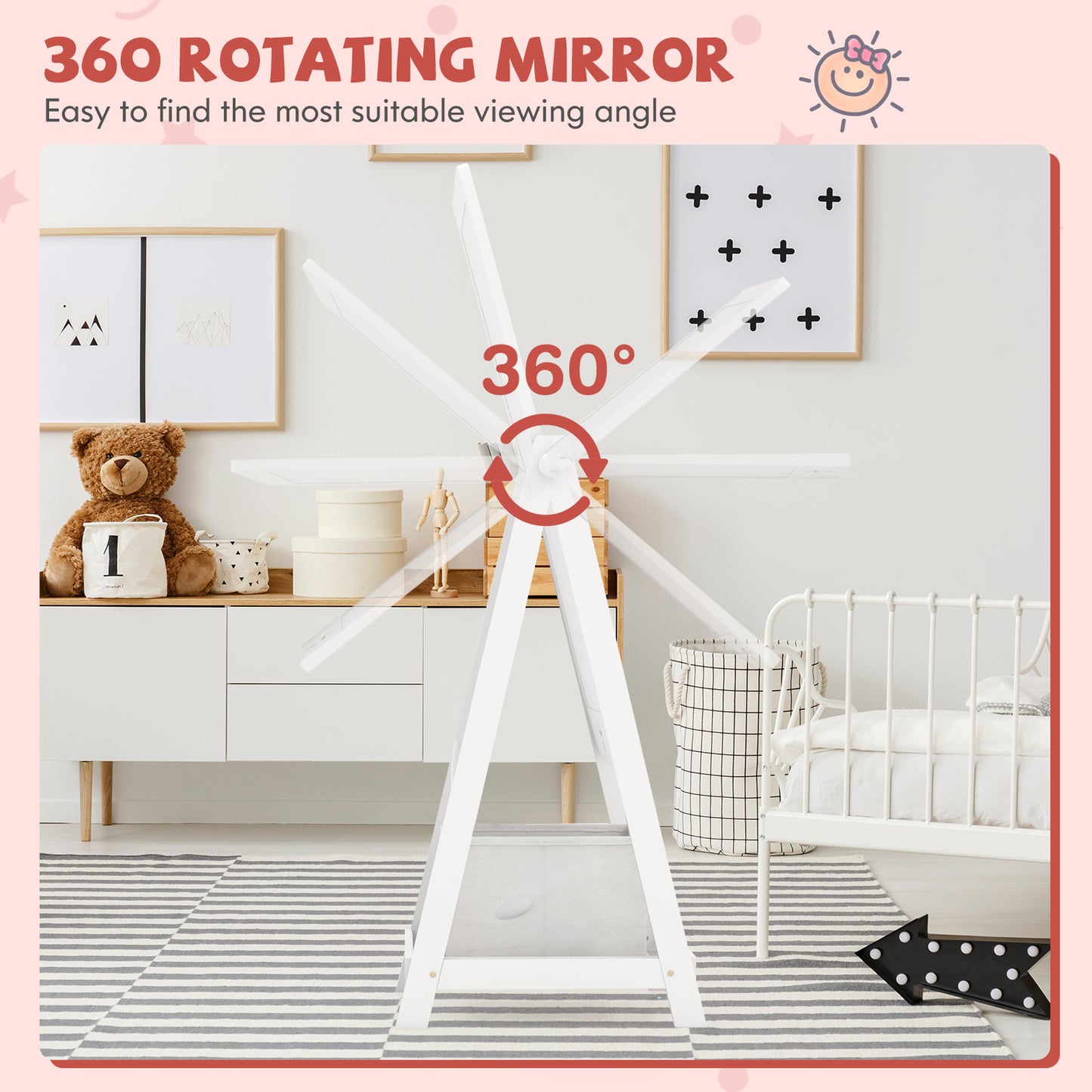 Kids Full Length Mirror 360 Degree Rotatable Dressing Mirror with Storage Bin-White Kids Crystal