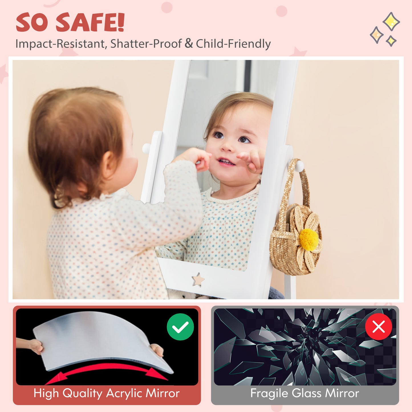 Kids Full Length Mirror 360 Degree Rotatable Dressing Mirror with Storage Bin-White Kids Crystal
