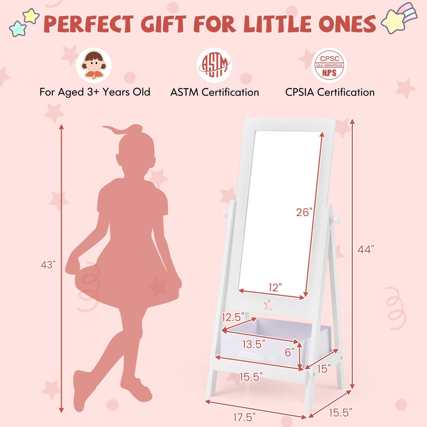 Kids Full Length Mirror 360 Degree Rotatable Dressing Mirror with Storage Bin-White Kids Crystal