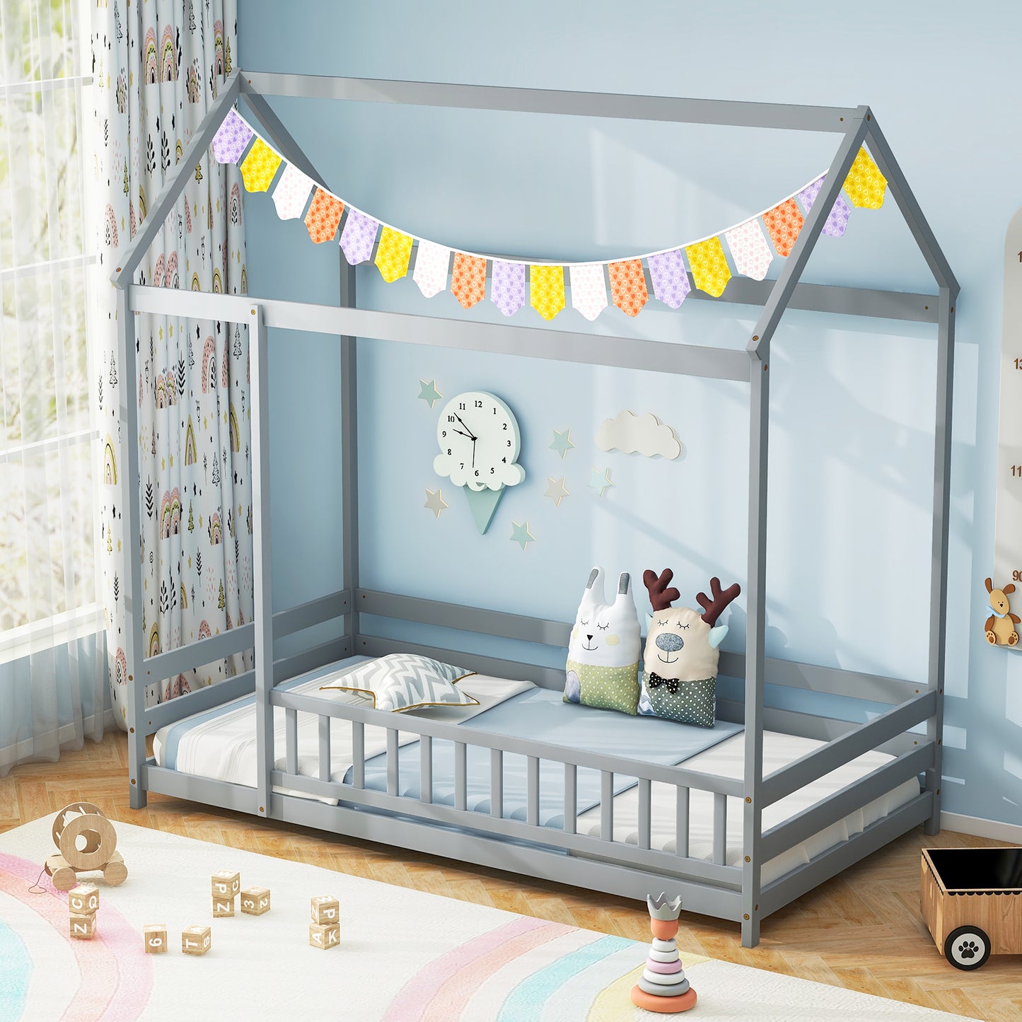Twin Size Kids House Bed Wooden Floor Bed with Roof and Full-length Safety Guardrail-Gray Kids Crystal