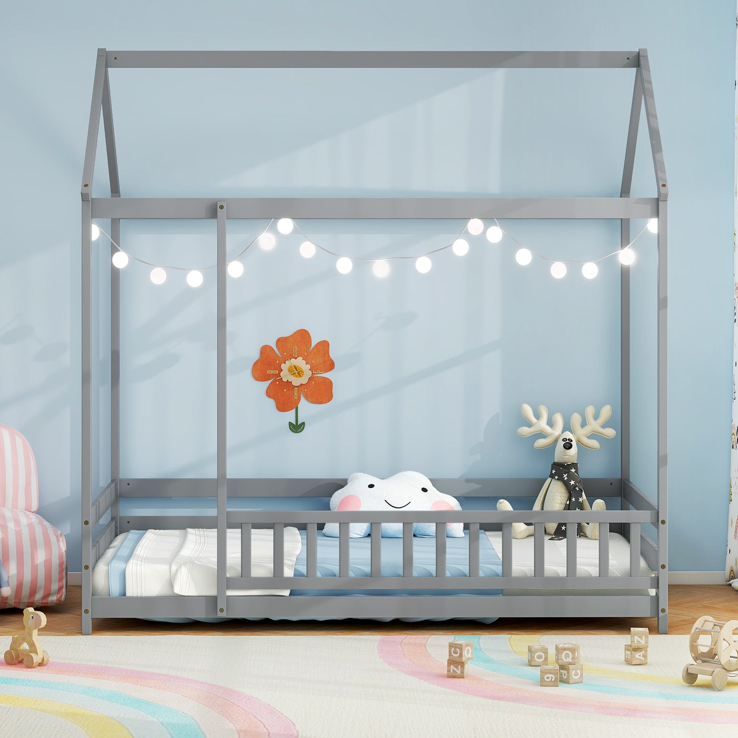 Twin Size Kids House Bed Wooden Floor Bed with Roof and Full-length Safety Guardrail-Gray Kids Crystal