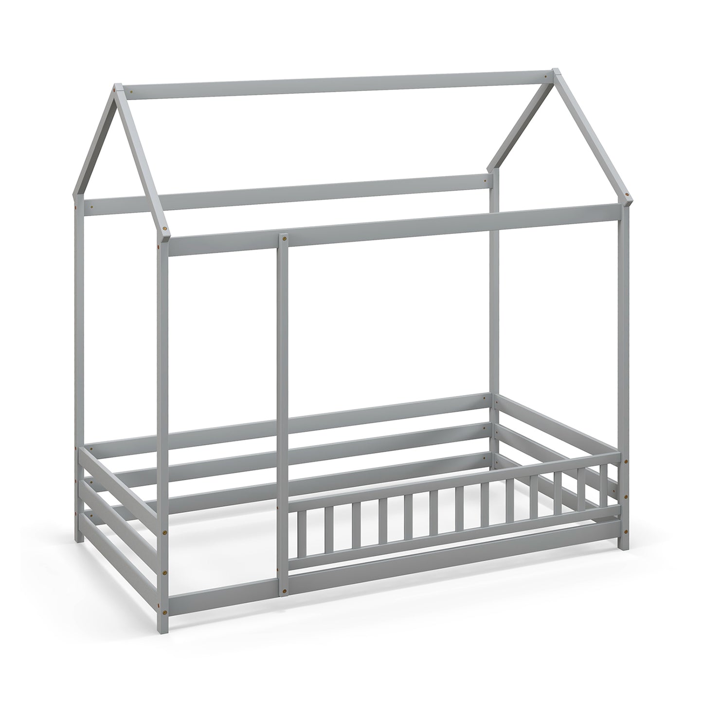 Twin Size Kids House Bed Wooden Floor Bed with Roof and Full-length Safety Guardrail-Gray Kids Crystal