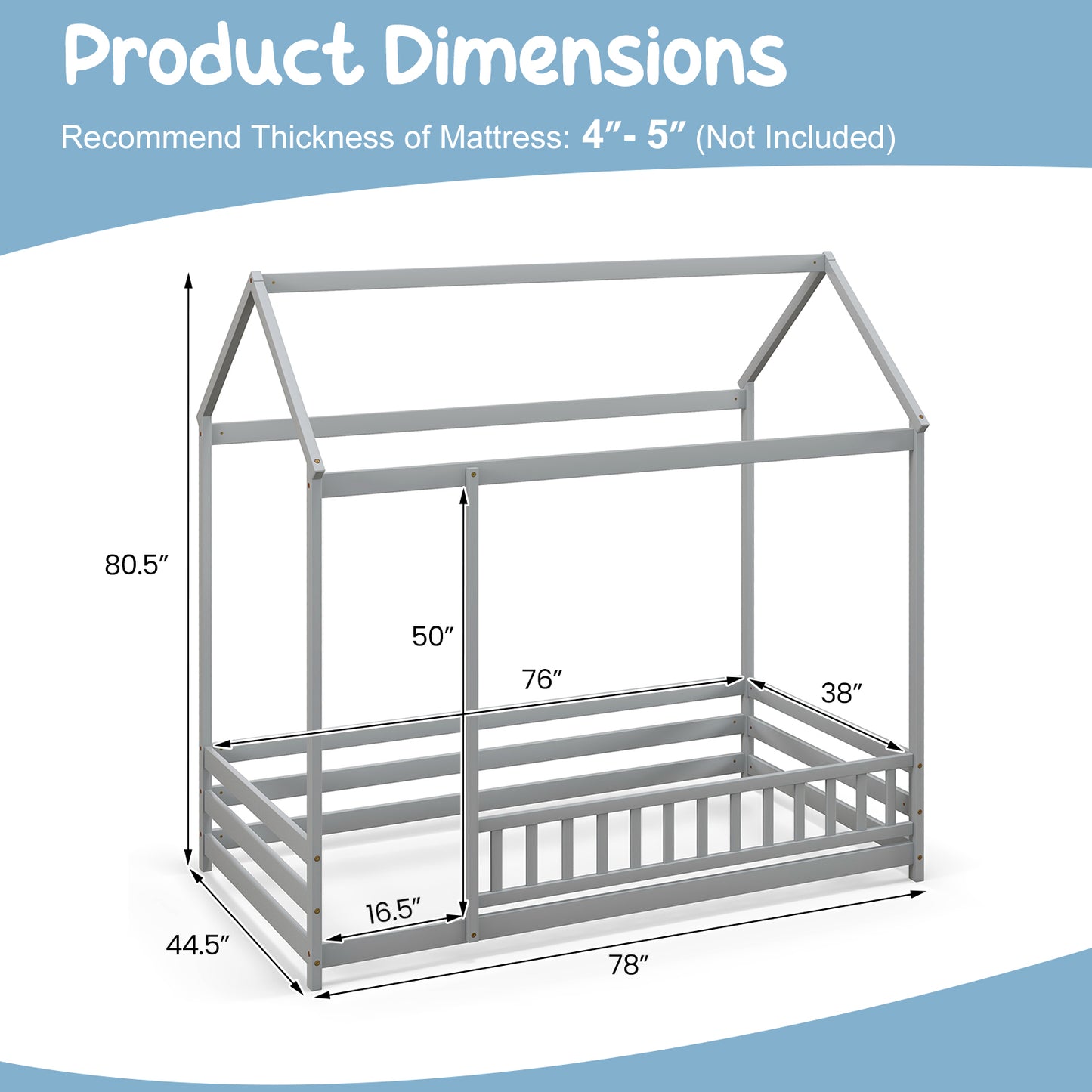Twin Size Kids House Bed Wooden Floor Bed with Roof and Full-length Safety Guardrail-Gray Kids Crystal