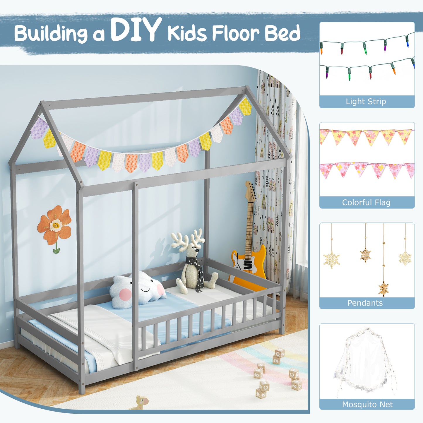 Twin Size Kids House Bed Wooden Floor Bed with Roof and Full-length Safety Guardrail-Gray Kids Crystal