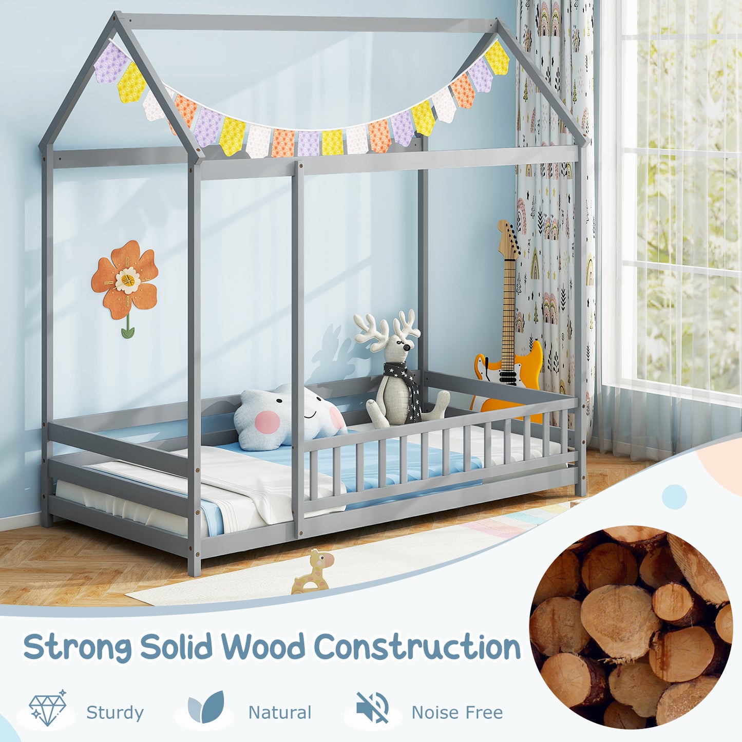 Twin Size Kids House Bed Wooden Floor Bed with Roof and Full-length Safety Guardrail-Gray Kids Crystal