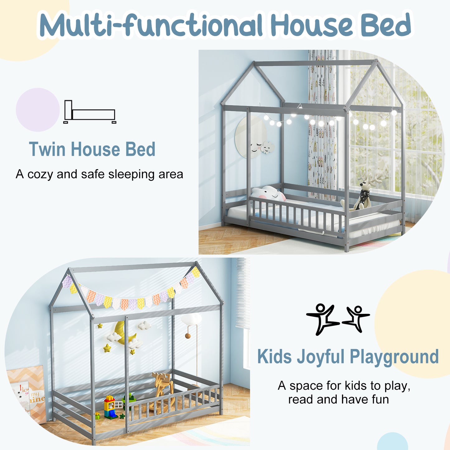Twin Size Kids House Bed Wooden Floor Bed with Roof and Full-length Safety Guardrail-Gray Kids Crystal