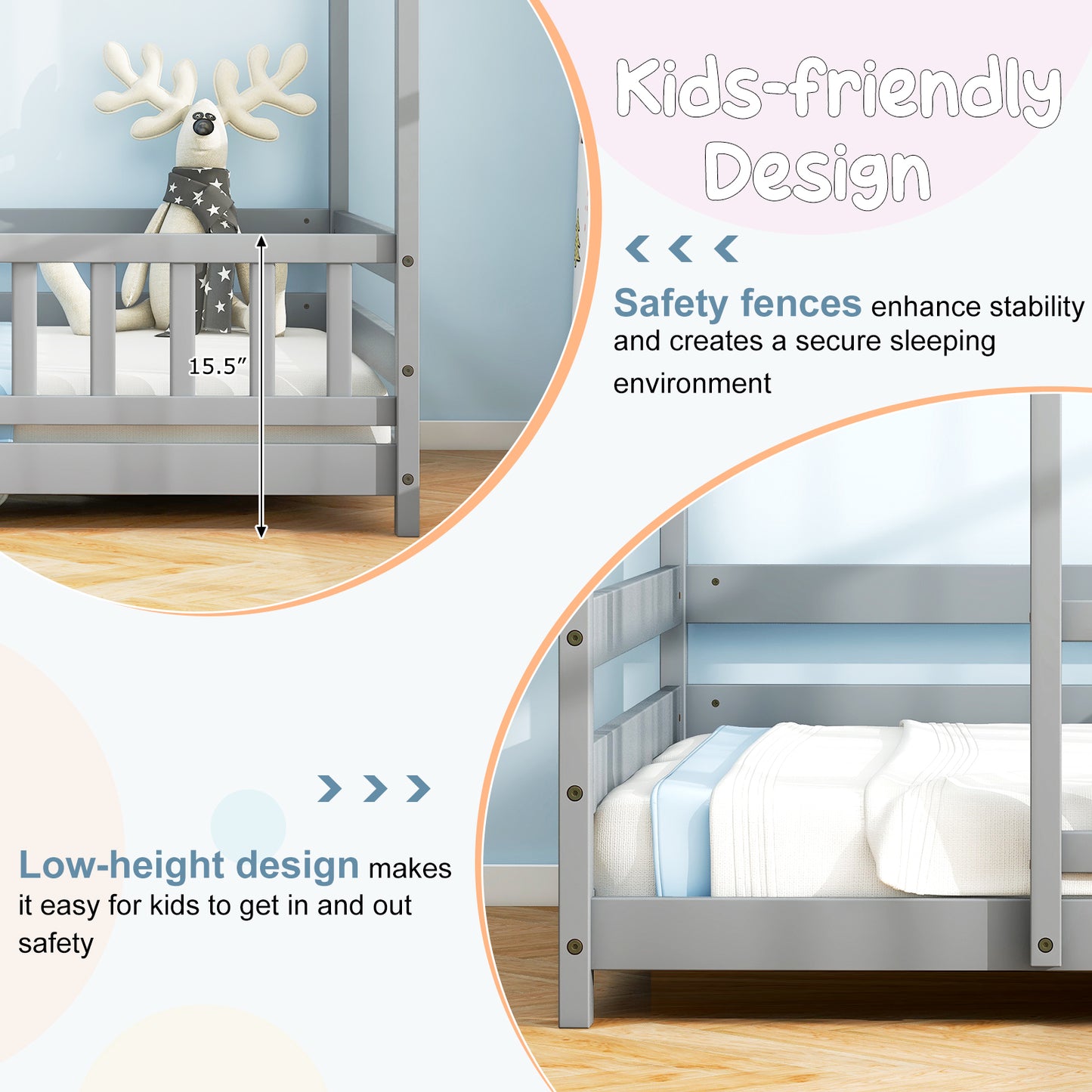Twin Size Kids House Bed Wooden Floor Bed with Roof and Full-length Safety Guardrail-Gray Kids Crystal
