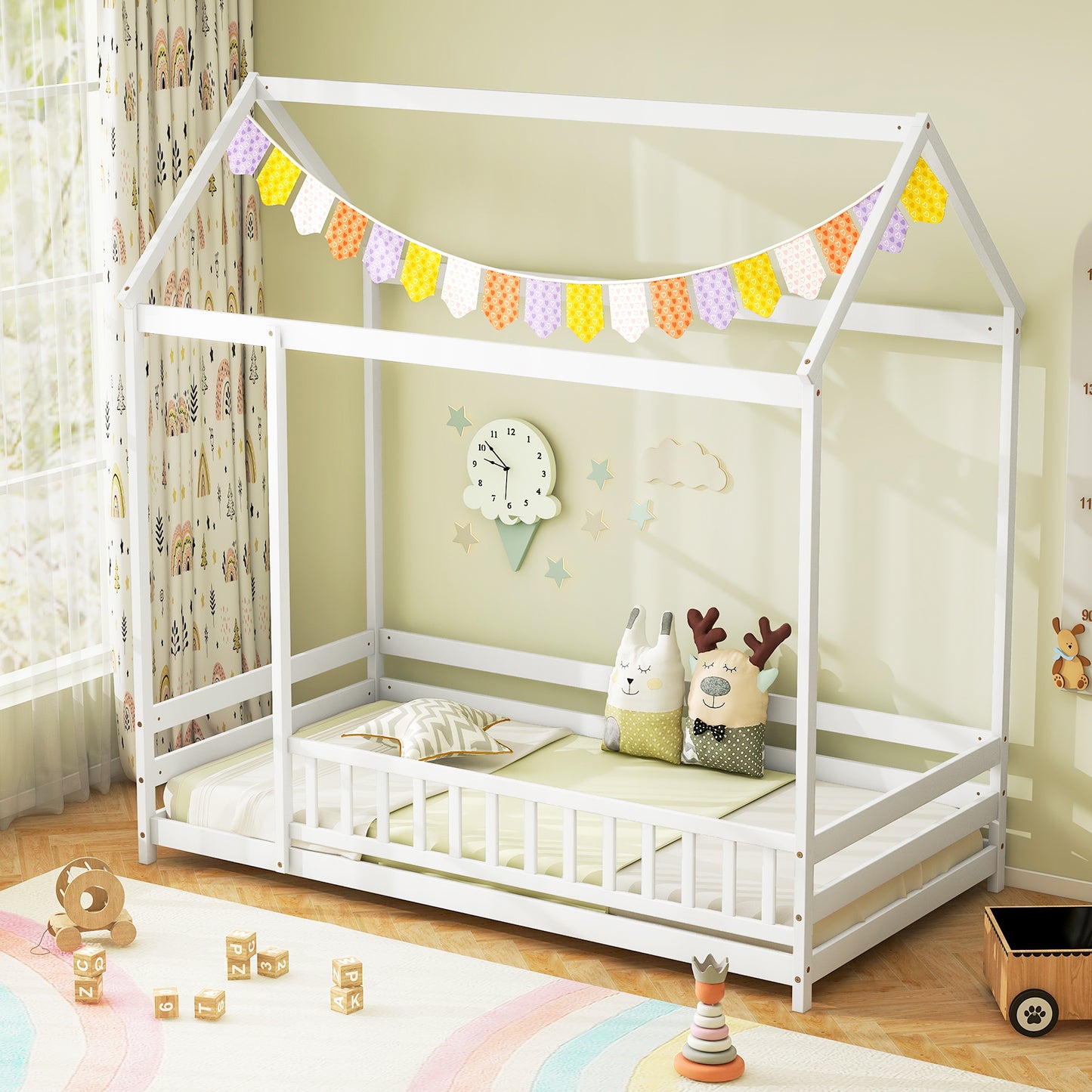 Twin Size Kids House Bed Wooden Floor Bed with Roof and Full-length Safety Guardrail-White Kids Crystal