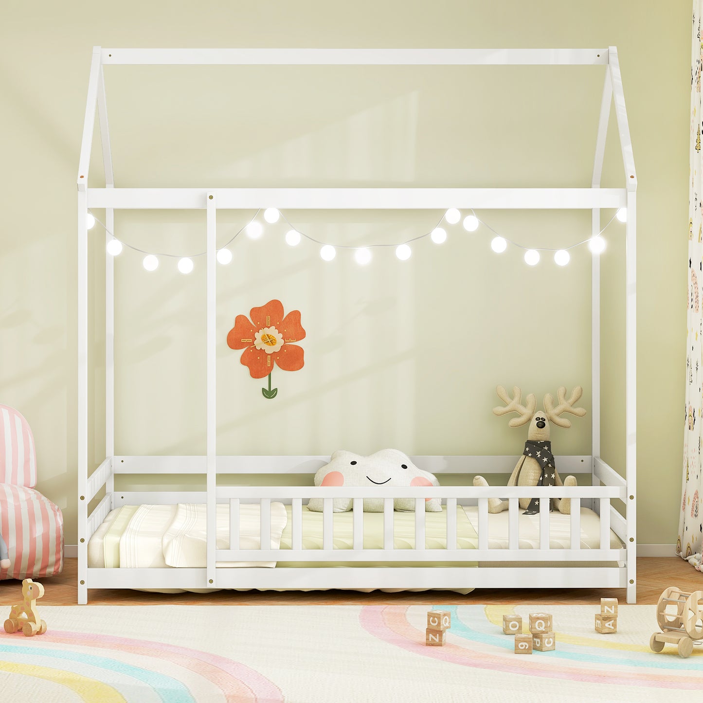 Twin Size Kids House Bed Wooden Floor Bed with Roof and Full-length Safety Guardrail-White Kids Crystal