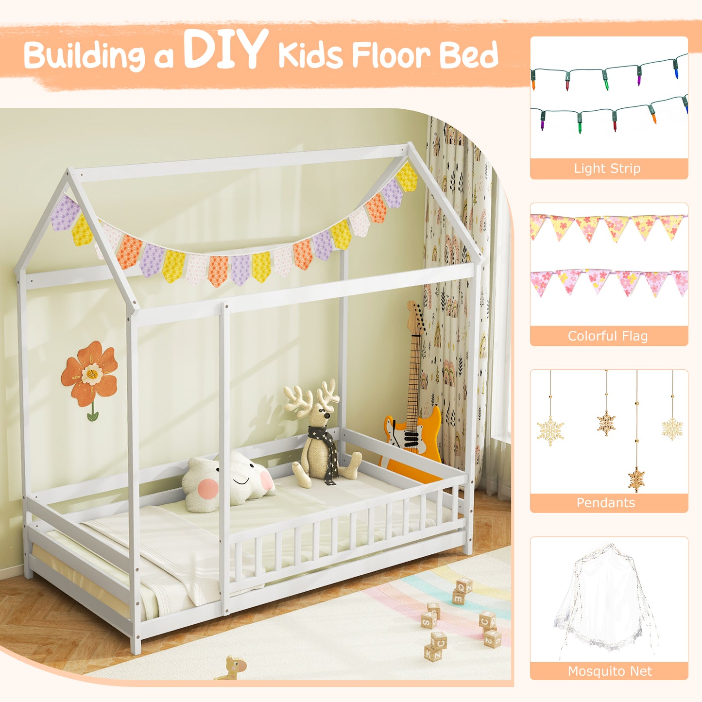 Twin Size Kids House Bed Wooden Floor Bed with Roof and Full-length Safety Guardrail-White Kids Crystal