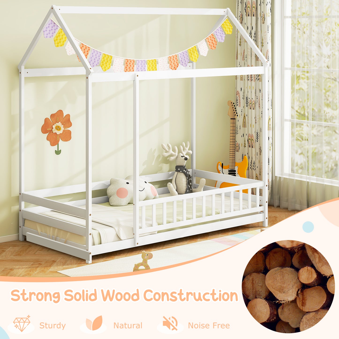 Twin Size Kids House Bed Wooden Floor Bed with Roof and Full-length Safety Guardrail-White Kids Crystal