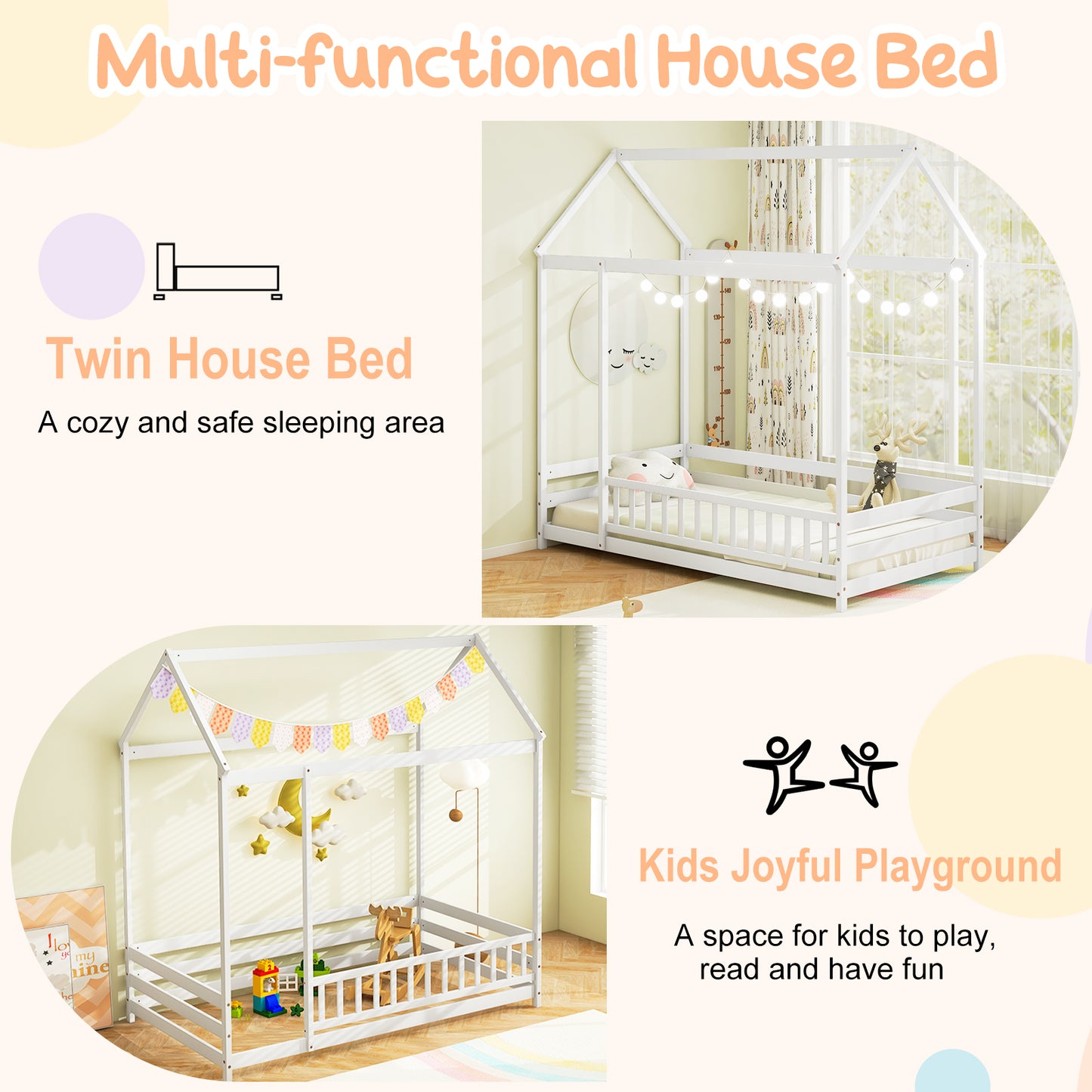 Twin Size Kids House Bed Wooden Floor Bed with Roof and Full-length Safety Guardrail-White Kids Crystal