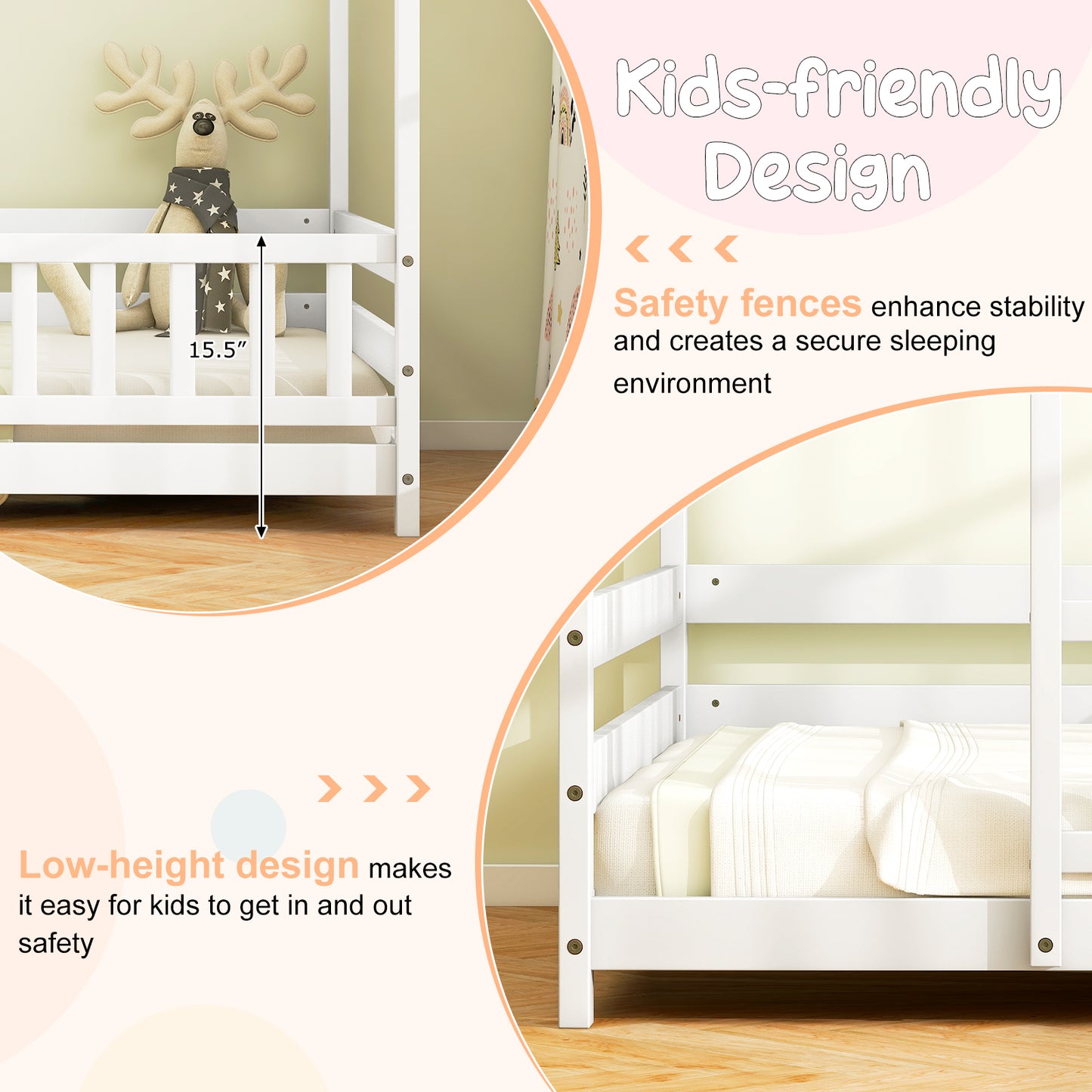 Twin Size Kids House Bed Wooden Floor Bed with Roof and Full-length Safety Guardrail-White Kids Crystal