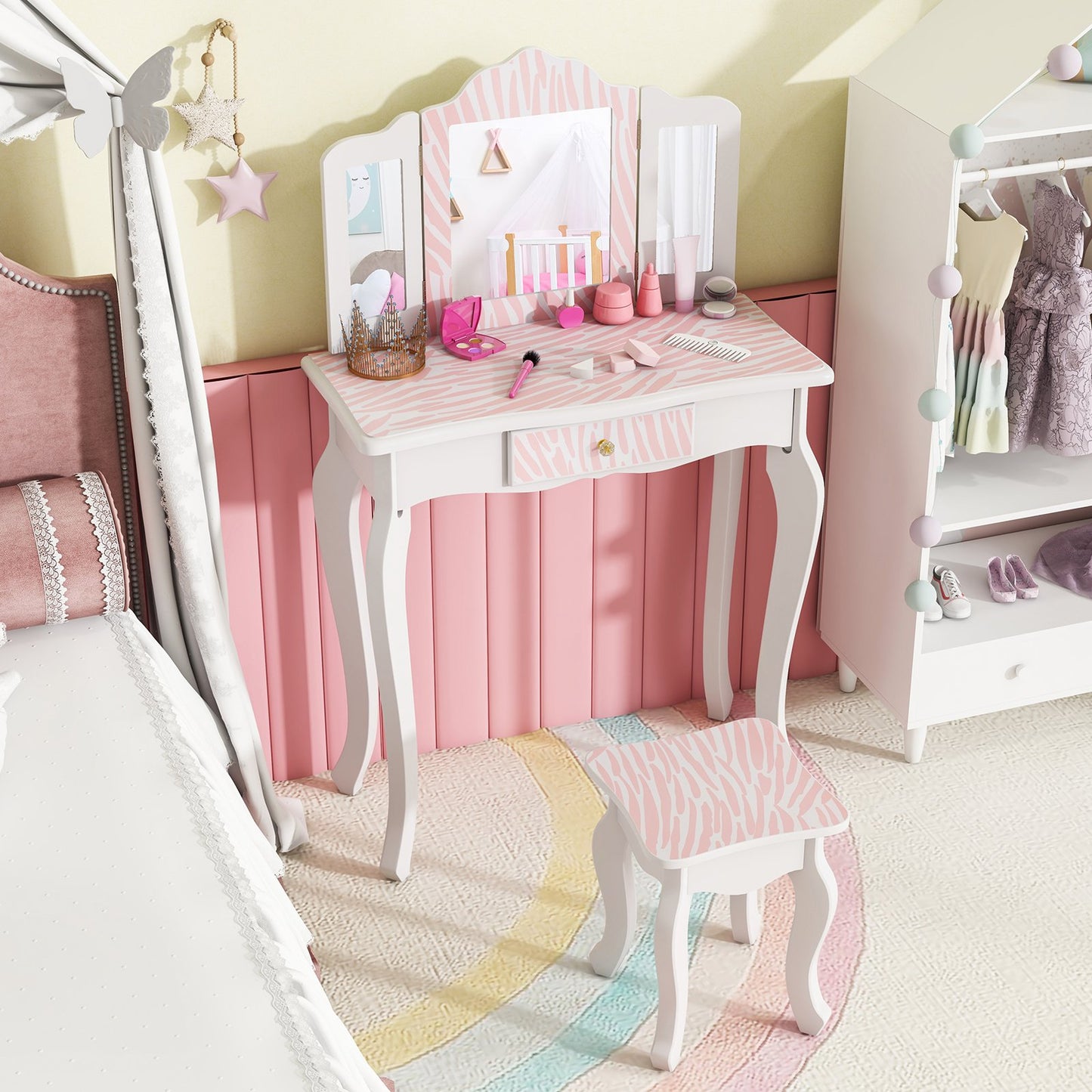 Kids Vanity Set with Drawer and 3 Makeup Accessories-Pink Kids Crystal