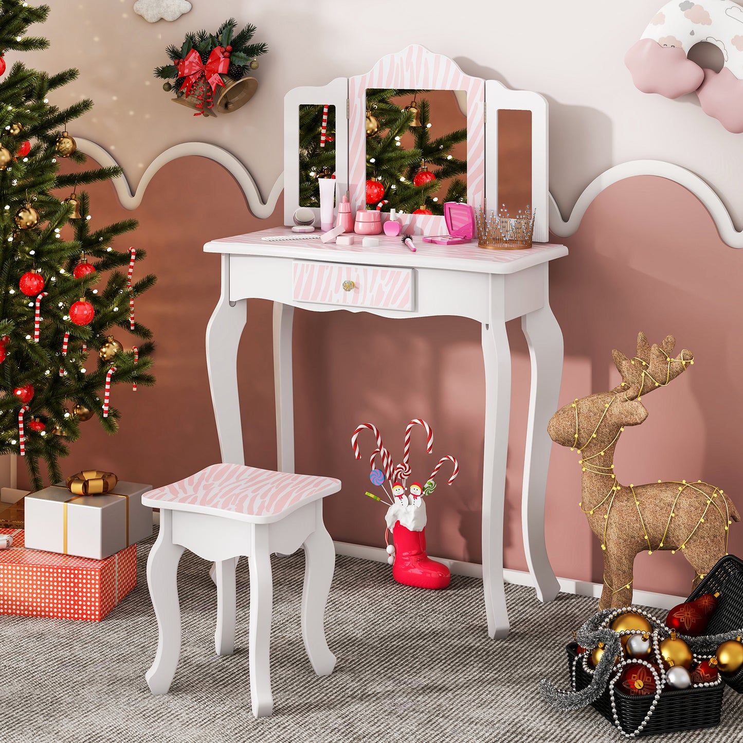 Kids Vanity Set with Drawer and 3 Makeup Accessories-Pink Kids Crystal