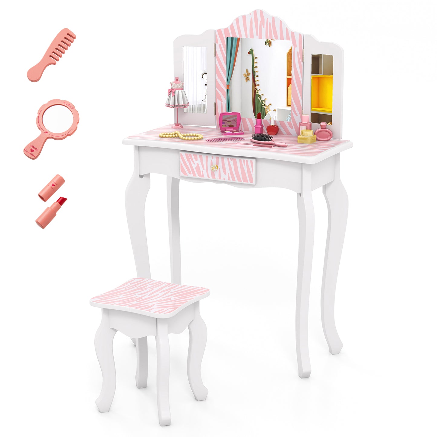 Kids Vanity Set with Drawer and 3 Makeup Accessories-Pink Kids Crystal