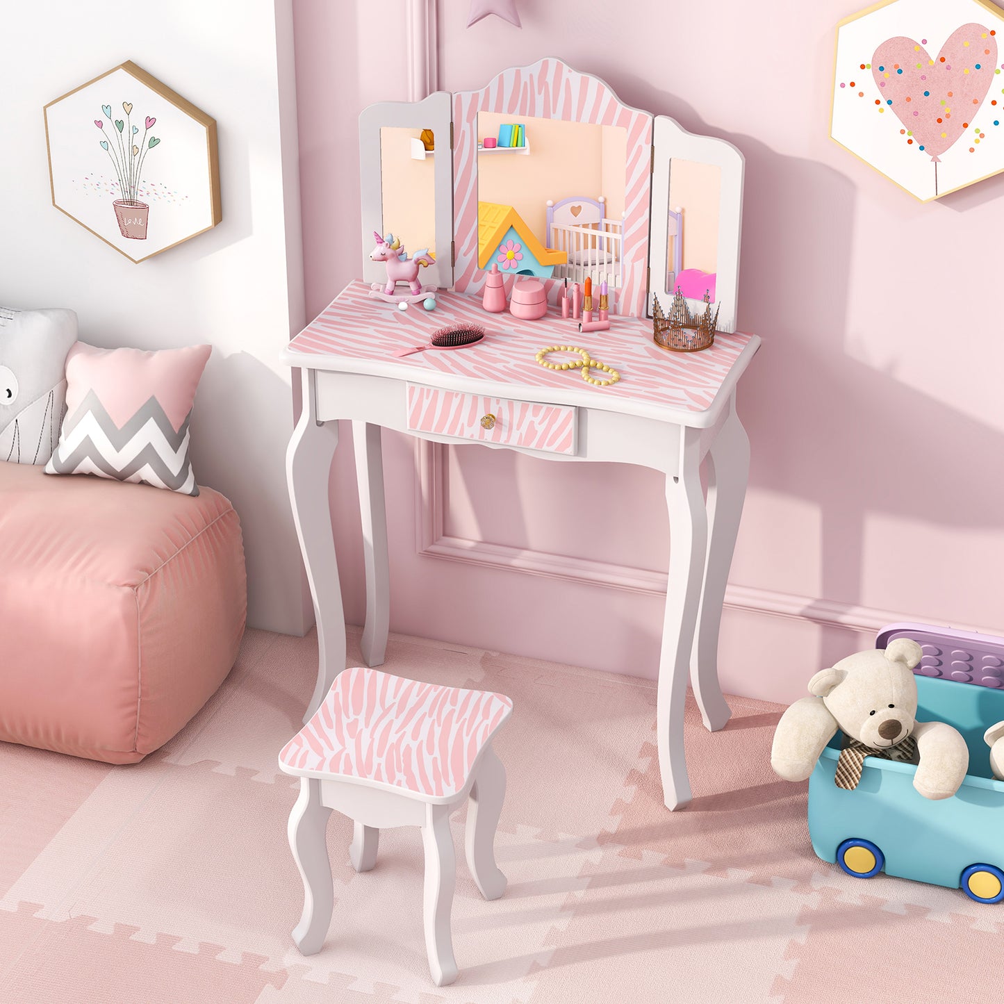 Kids Vanity Set with Drawer and 3 Makeup Accessories-Pink Kids Crystal
