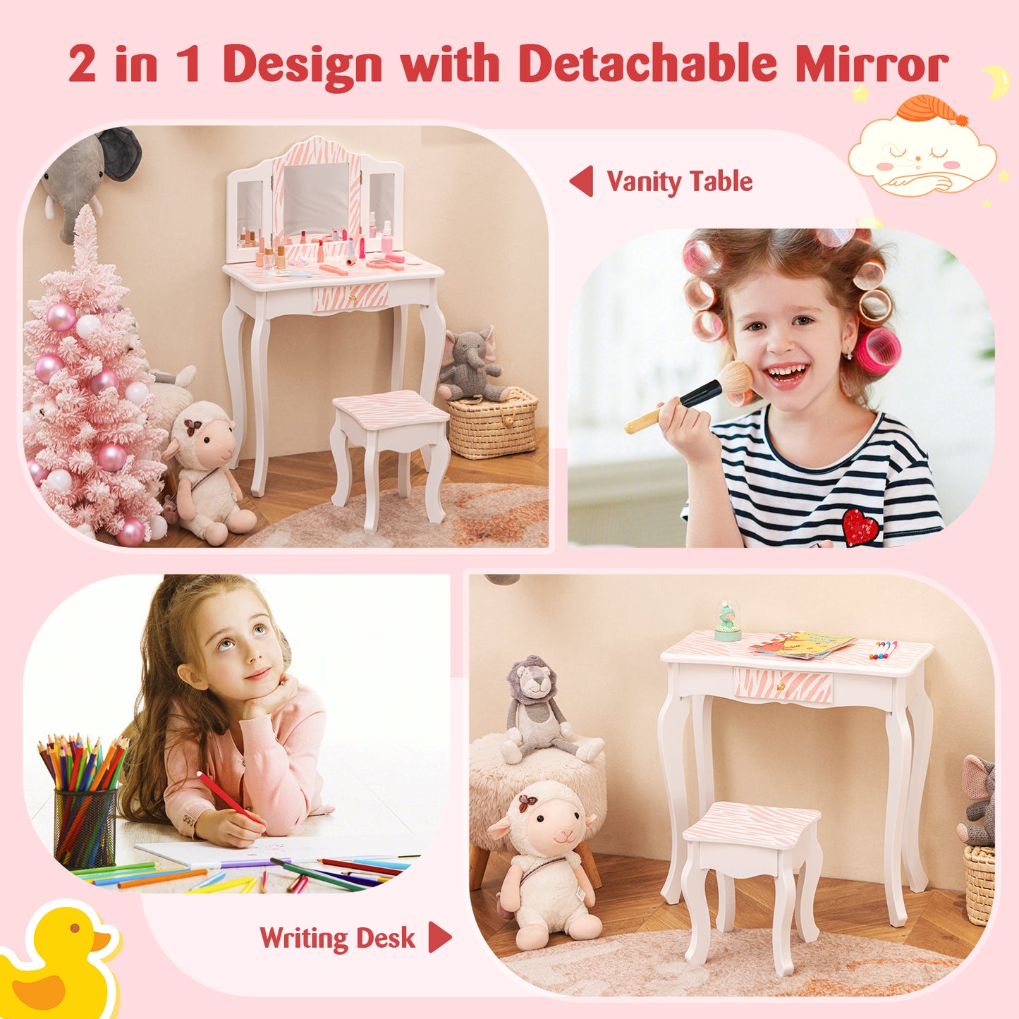 Kids Vanity Set with Drawer and 3 Makeup Accessories-Pink Kids Crystal
