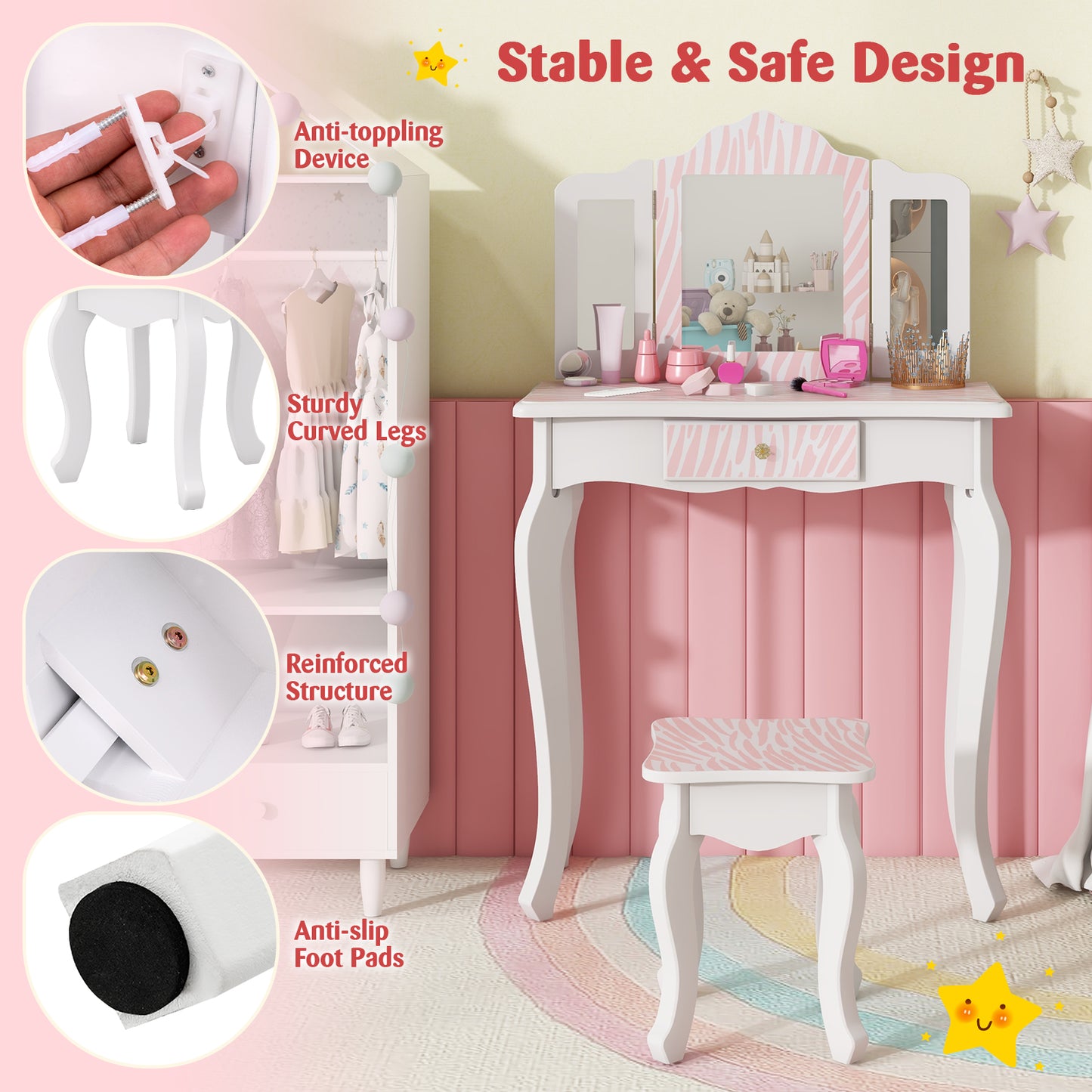 Kids Vanity Set with Drawer and 3 Makeup Accessories-Pink Kids Crystal