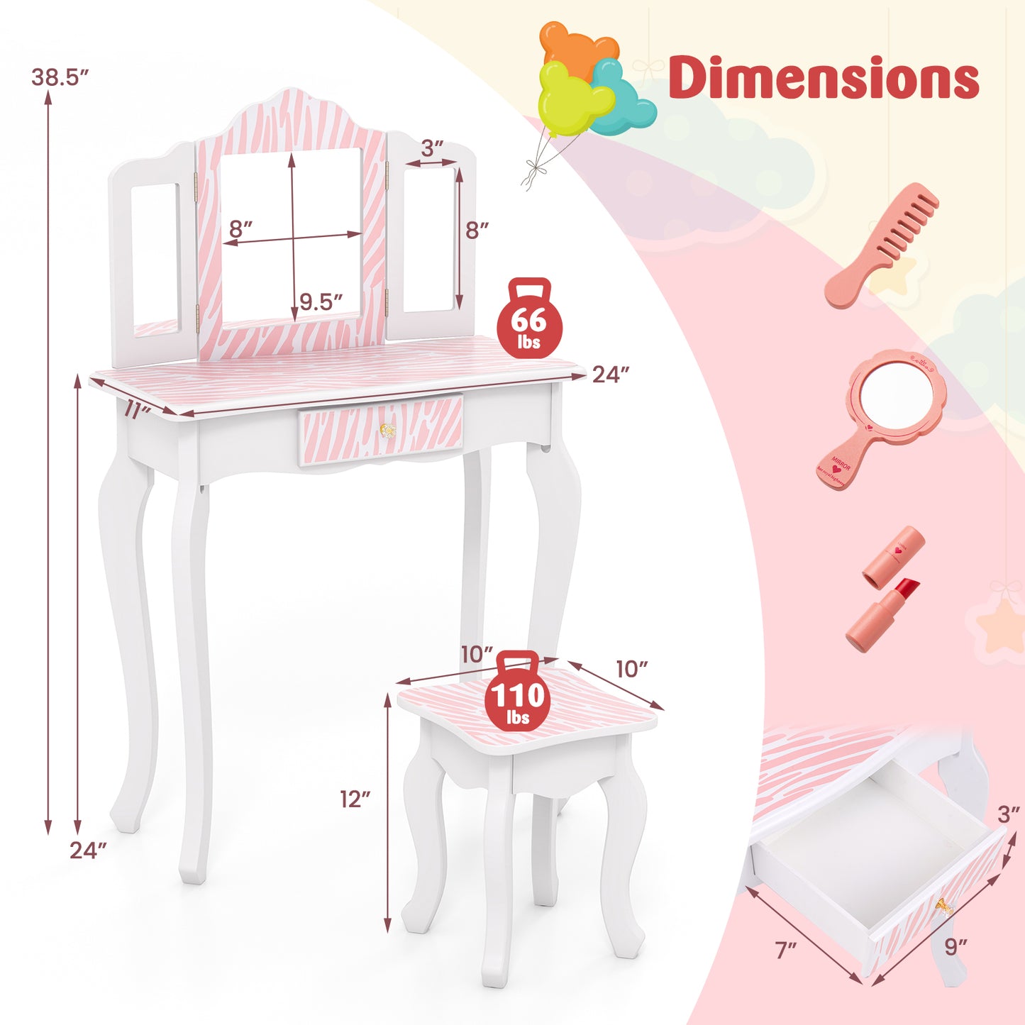 Kids Vanity Set with Drawer and 3 Makeup Accessories-Pink Kids Crystal