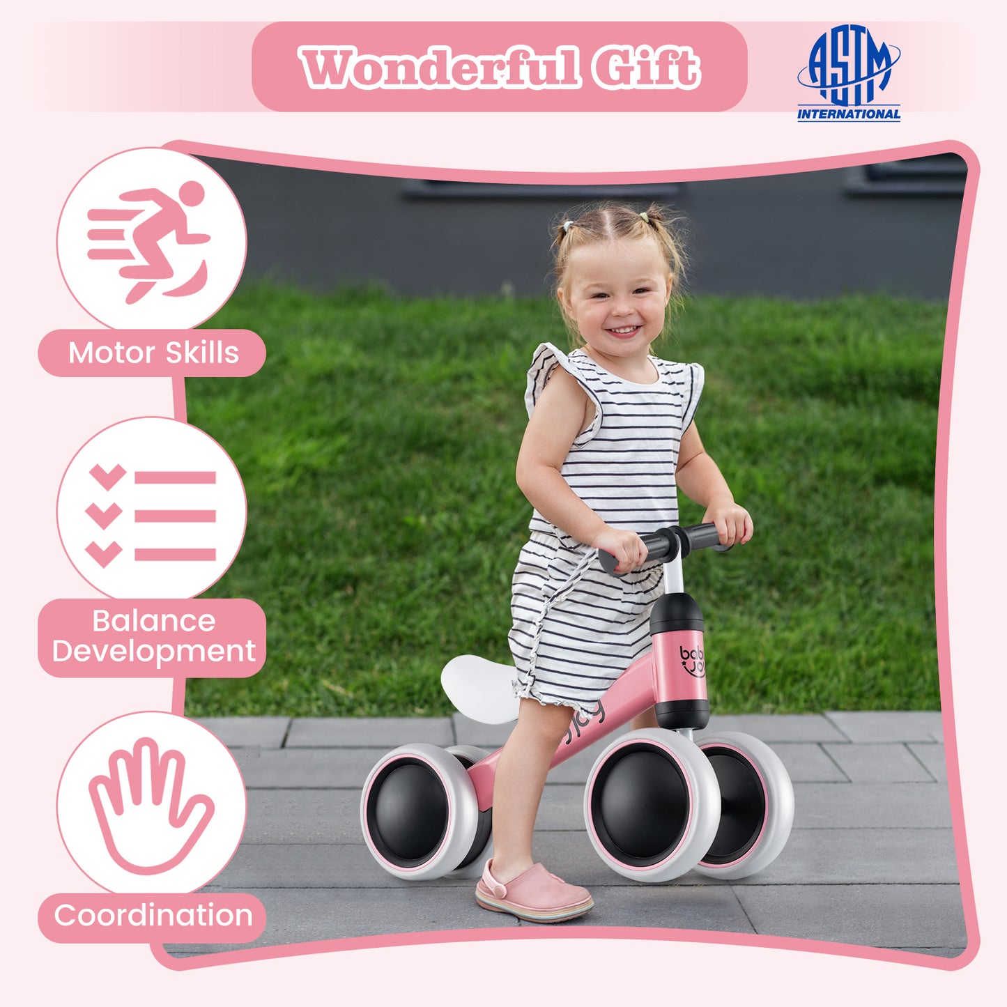 Baby Balance Bike for 2 Years Old Boys Girls No Pedal 4 Wheels-Pink Kids Crystal