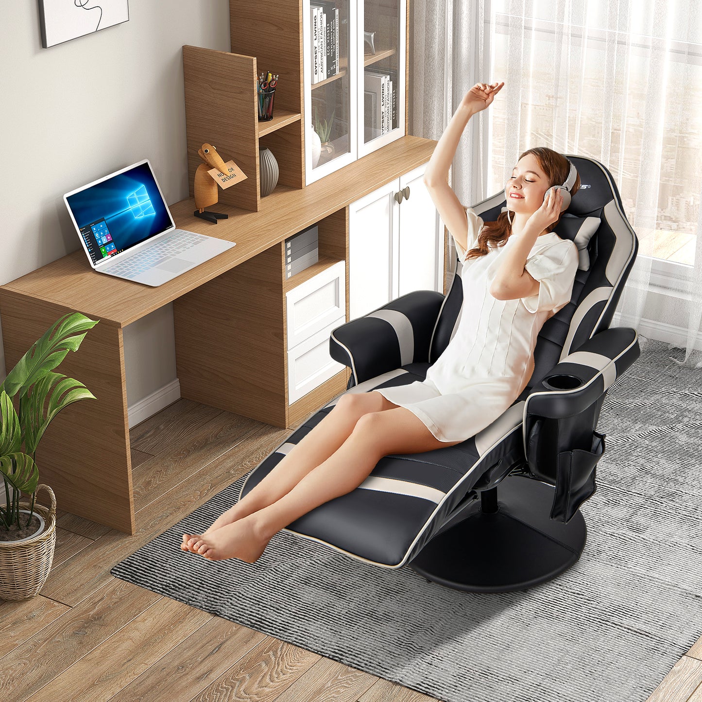 Massage Video Gaming Recliner Chair with Adjustable Height-Gray Kids Crystal