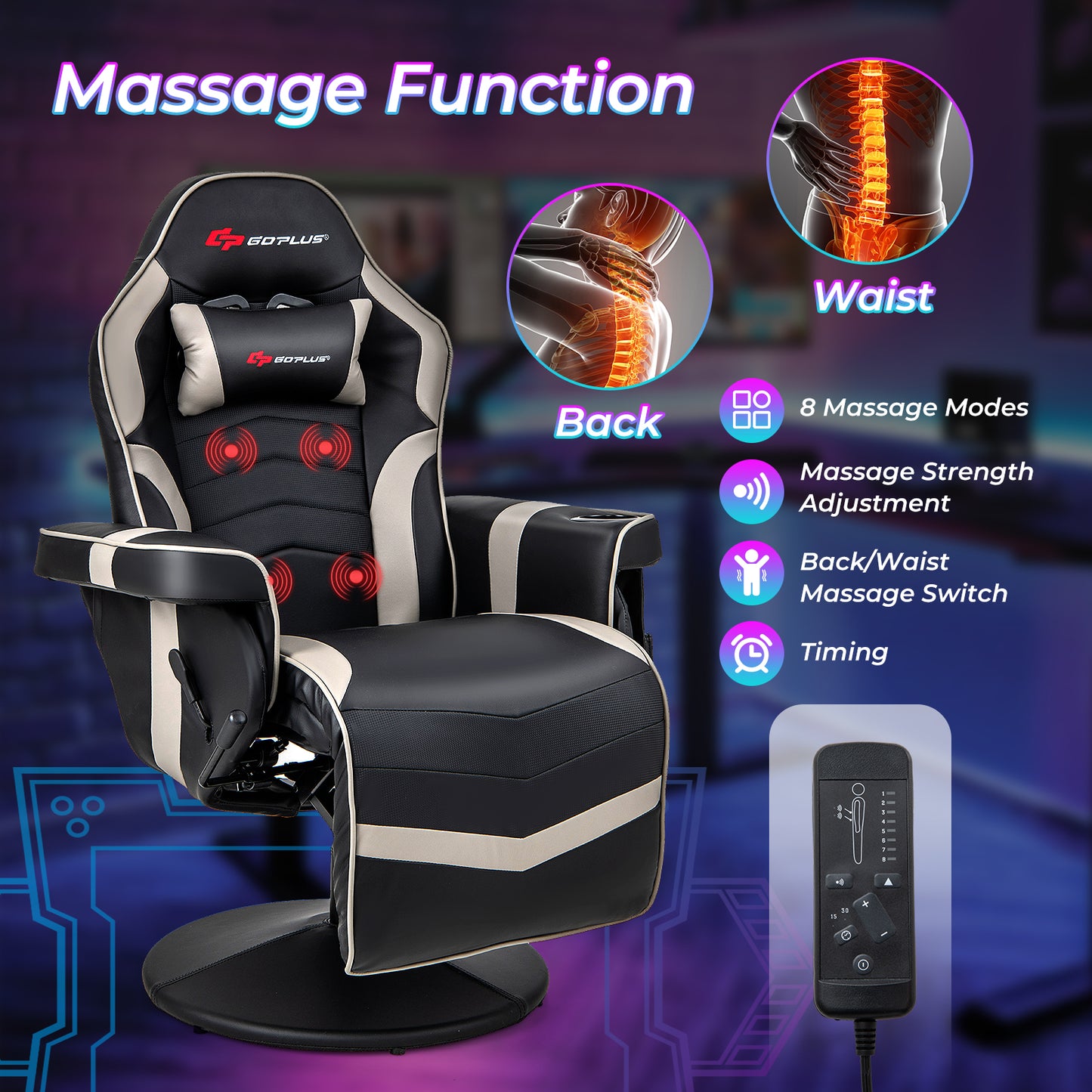 Massage Video Gaming Recliner Chair with Adjustable Height-Gray Kids Crystal