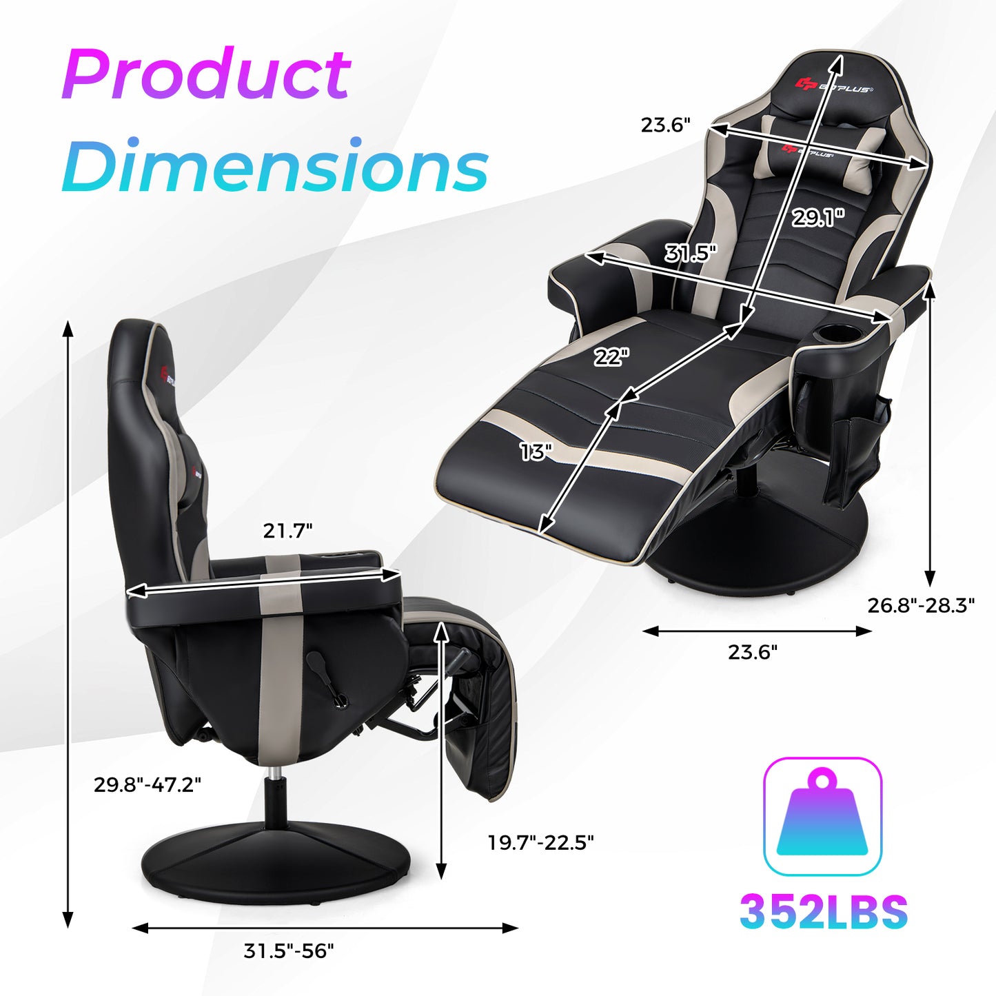 Massage Video Gaming Recliner Chair with Adjustable Height-Gray Kids Crystal