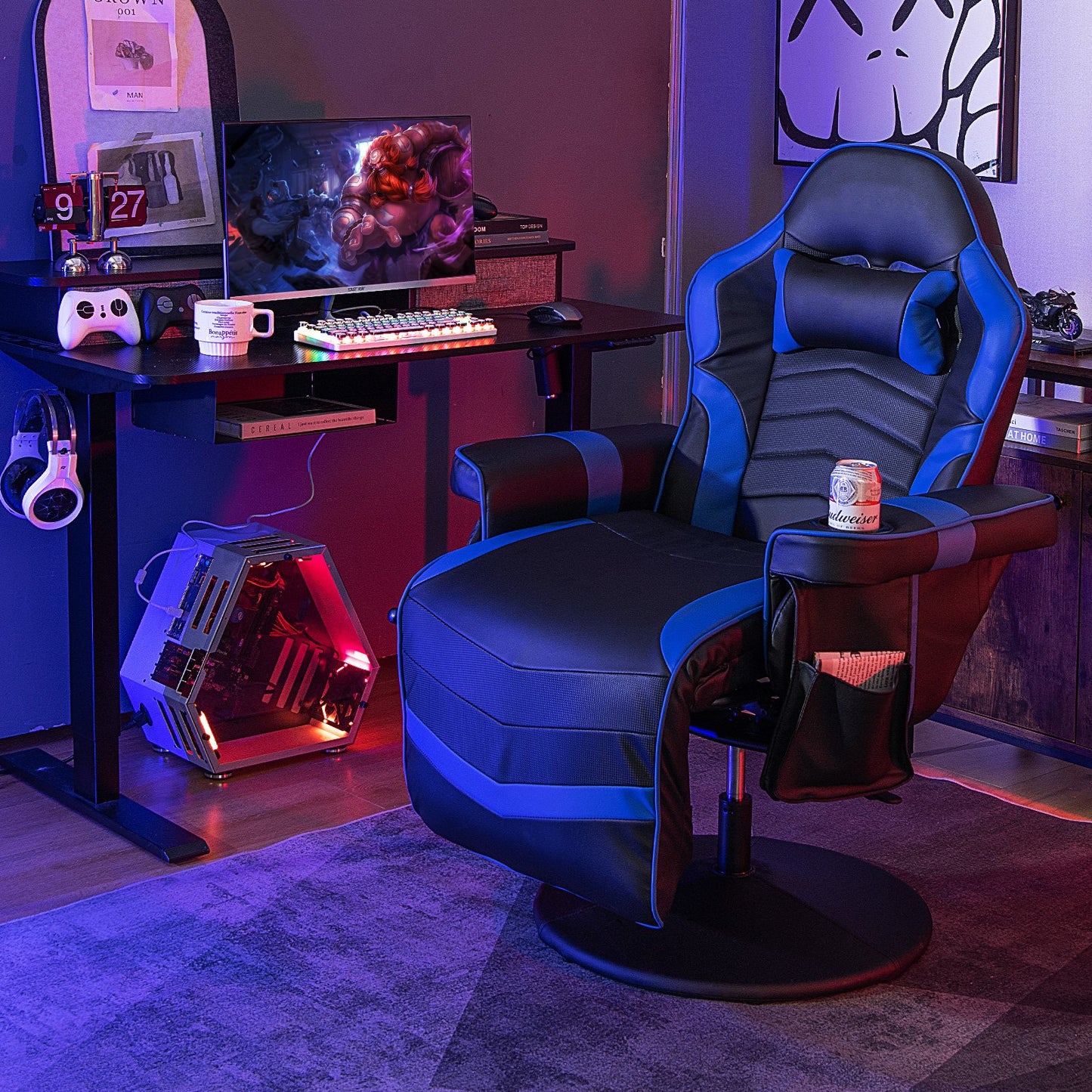 Massage Video Gaming Recliner Chair with Adjustable Height-Blue Kids Crystal