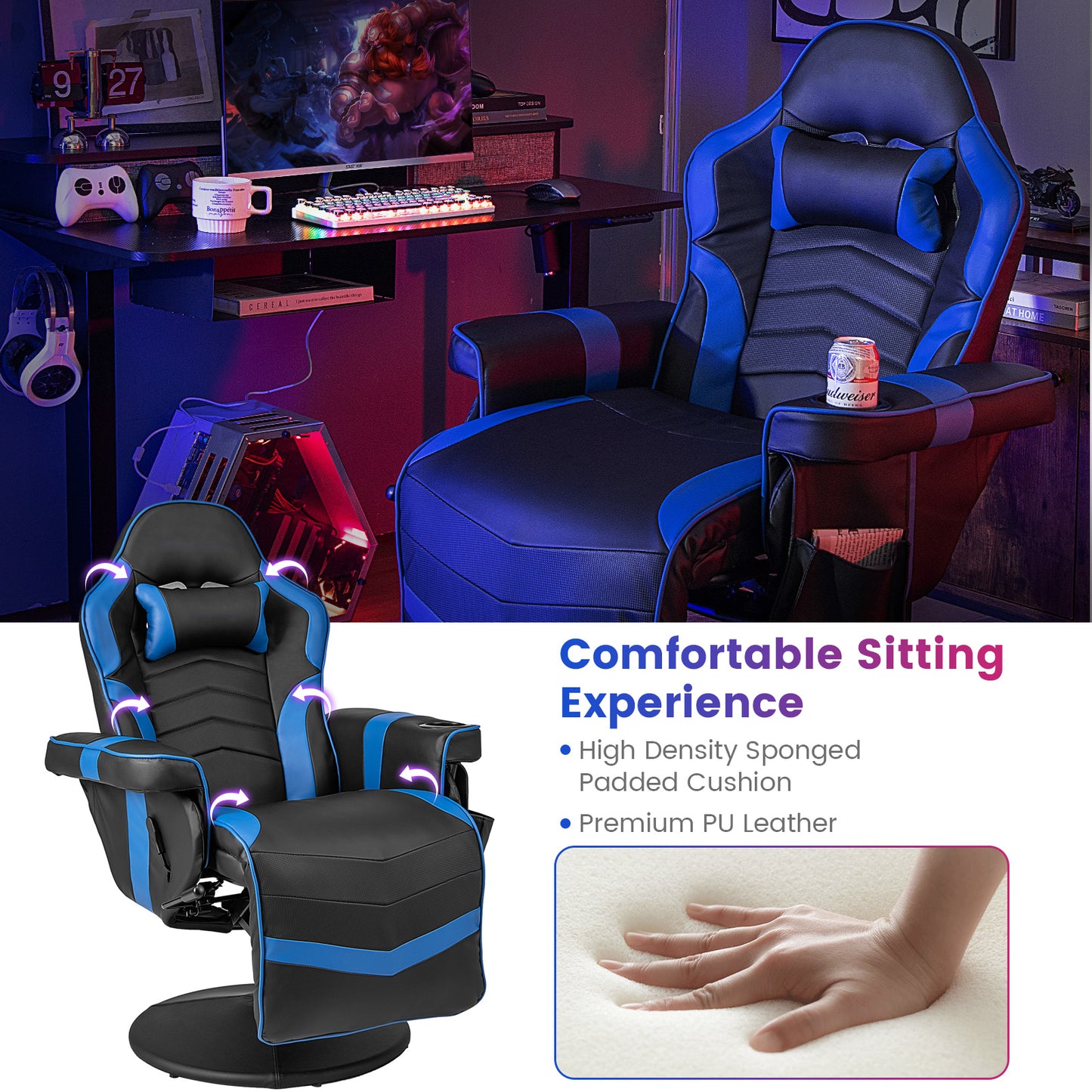 Massage Video Gaming Recliner Chair with Adjustable Height-Blue Kids Crystal