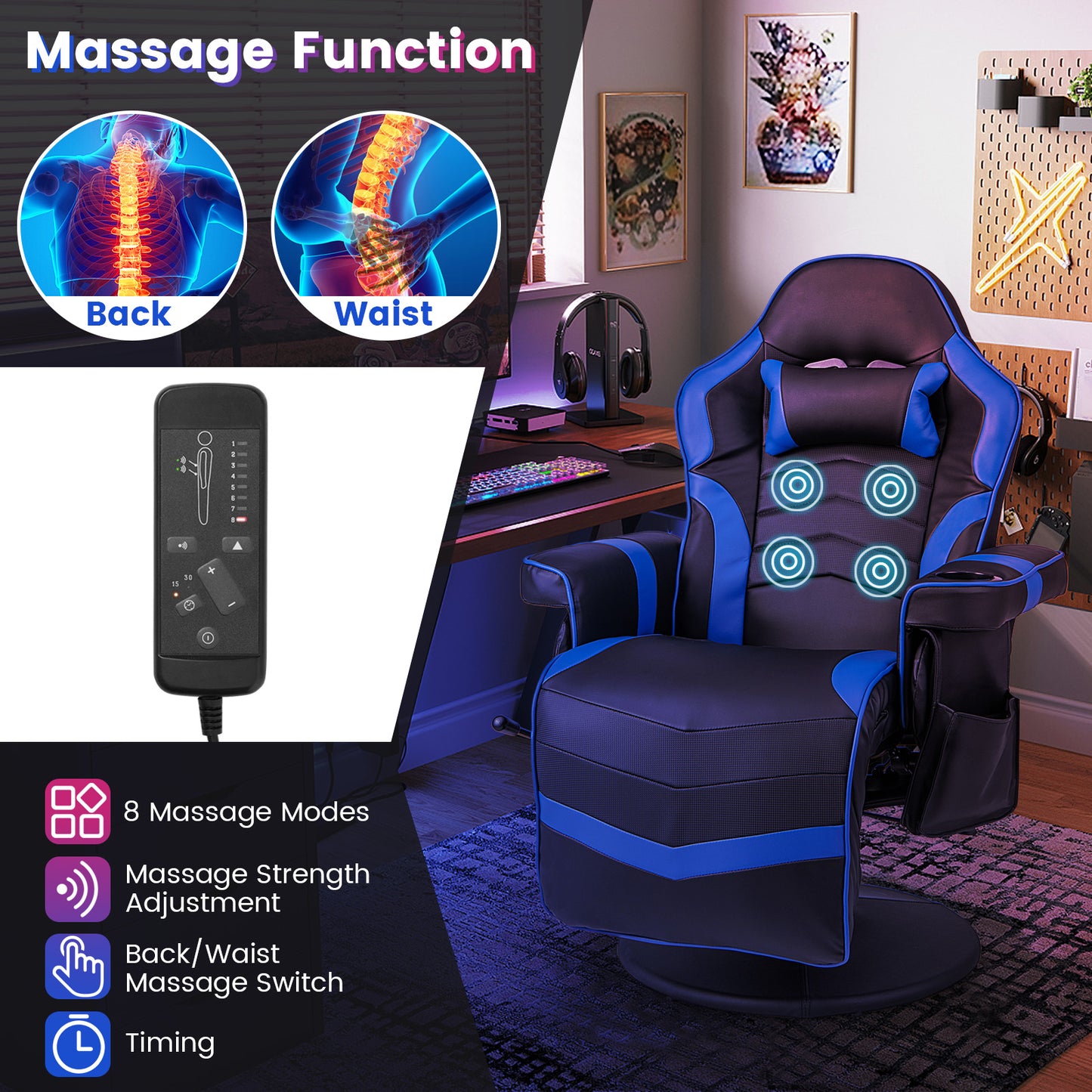 Massage Video Gaming Recliner Chair with Adjustable Height-Blue Kids Crystal