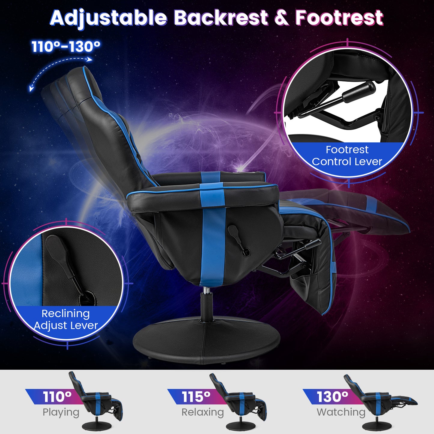 Massage Video Gaming Recliner Chair with Adjustable Height-Blue Kids Crystal