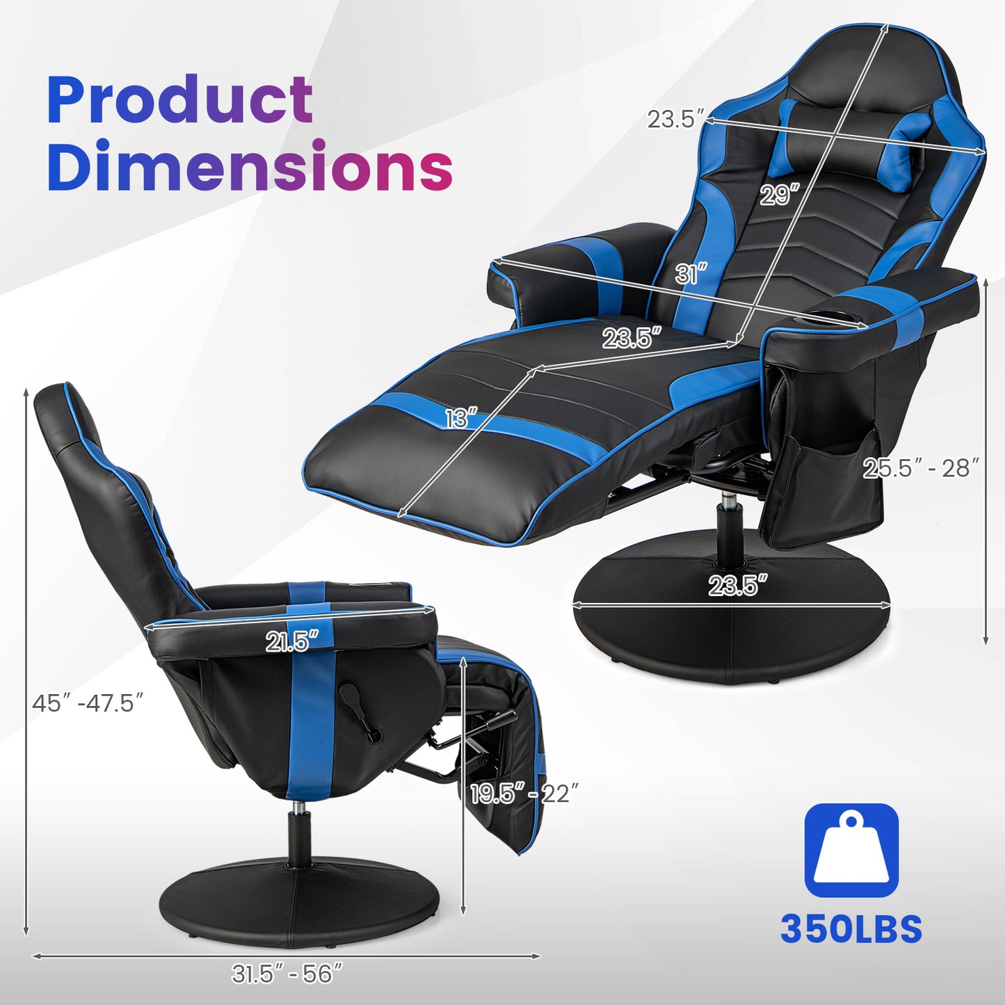 Massage Video Gaming Recliner Chair with Adjustable Height-Blue Kids Crystal