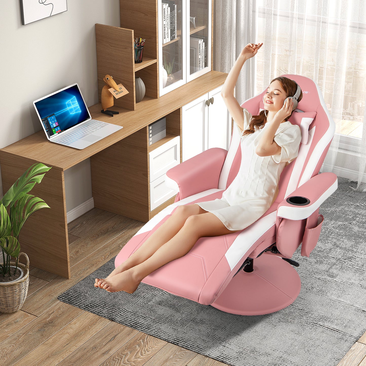 Massage Video Gaming Recliner Chair with Adjustable Height-Pink Kids Crystal