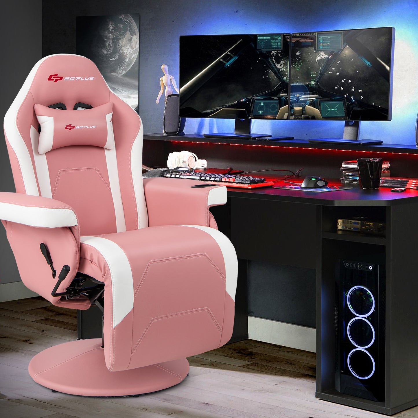 Massage Video Gaming Recliner Chair with Adjustable Height-Pink Kids Crystal