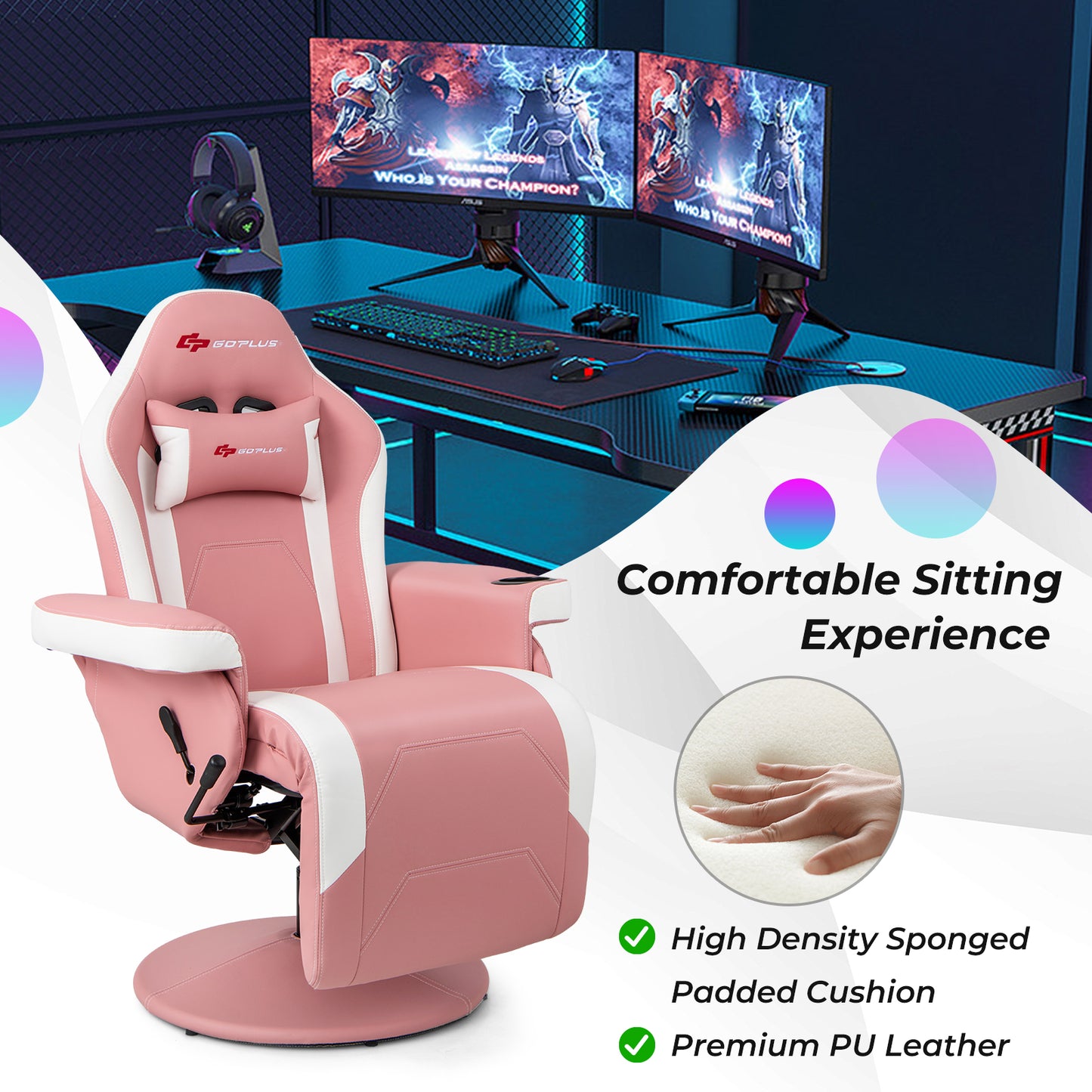 Massage Video Gaming Recliner Chair with Adjustable Height-Pink Kids Crystal
